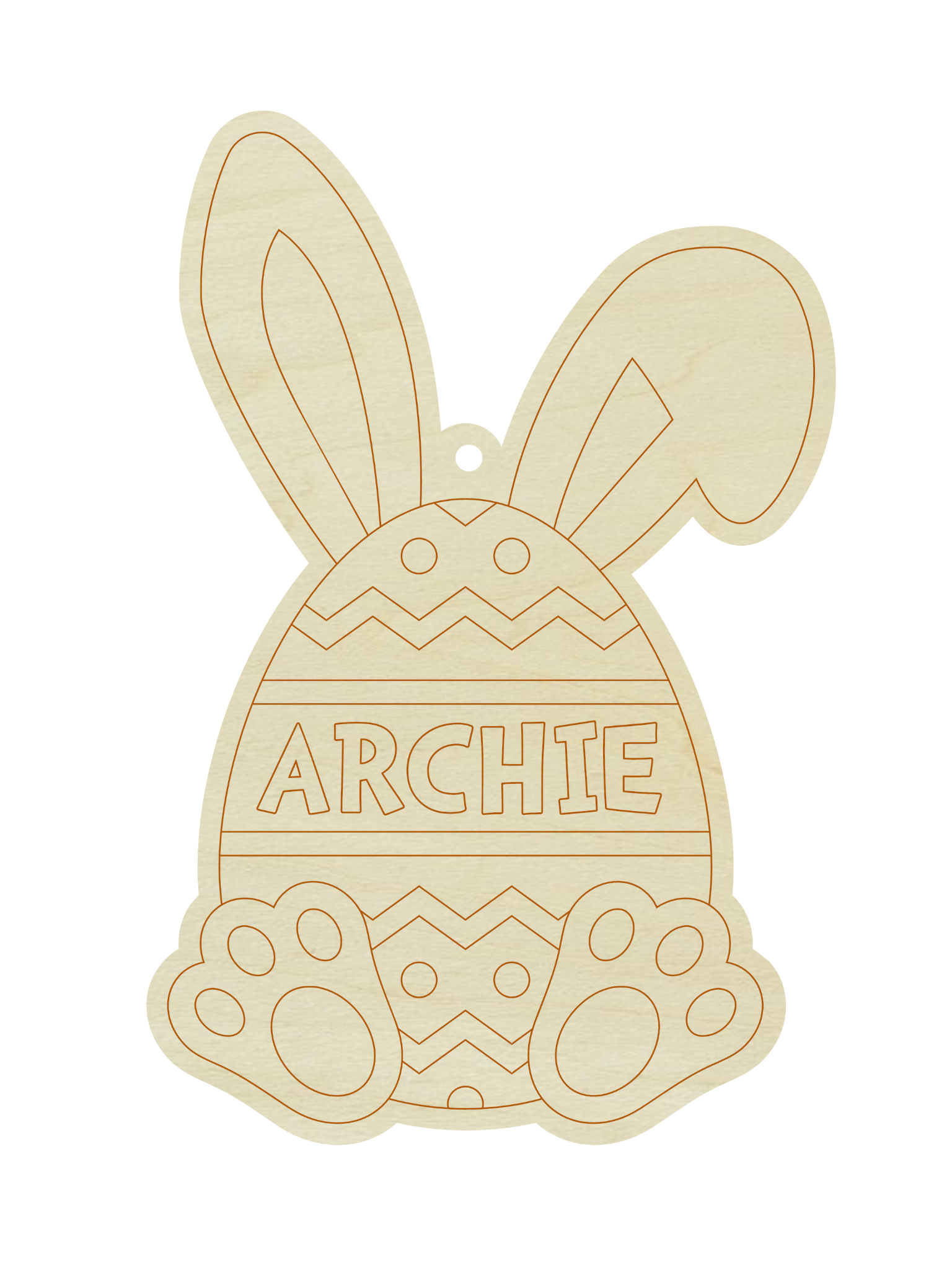 The Oobi Easter Painting Kit features a wooden bunny with "ARCHIE" custom engraved on an egg-shaped body, decorated with simple patterns and large ears—ideal as a personalized Easter craft or custom engraved gift.