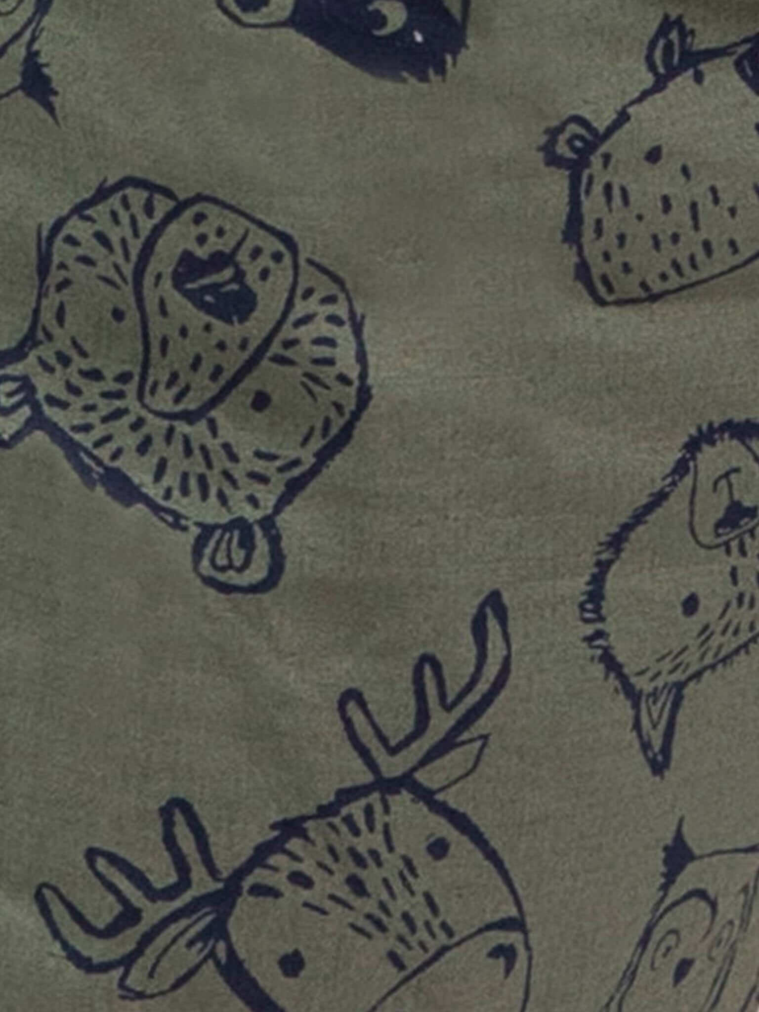 Pattern of blue animal illustrations on an olive green background