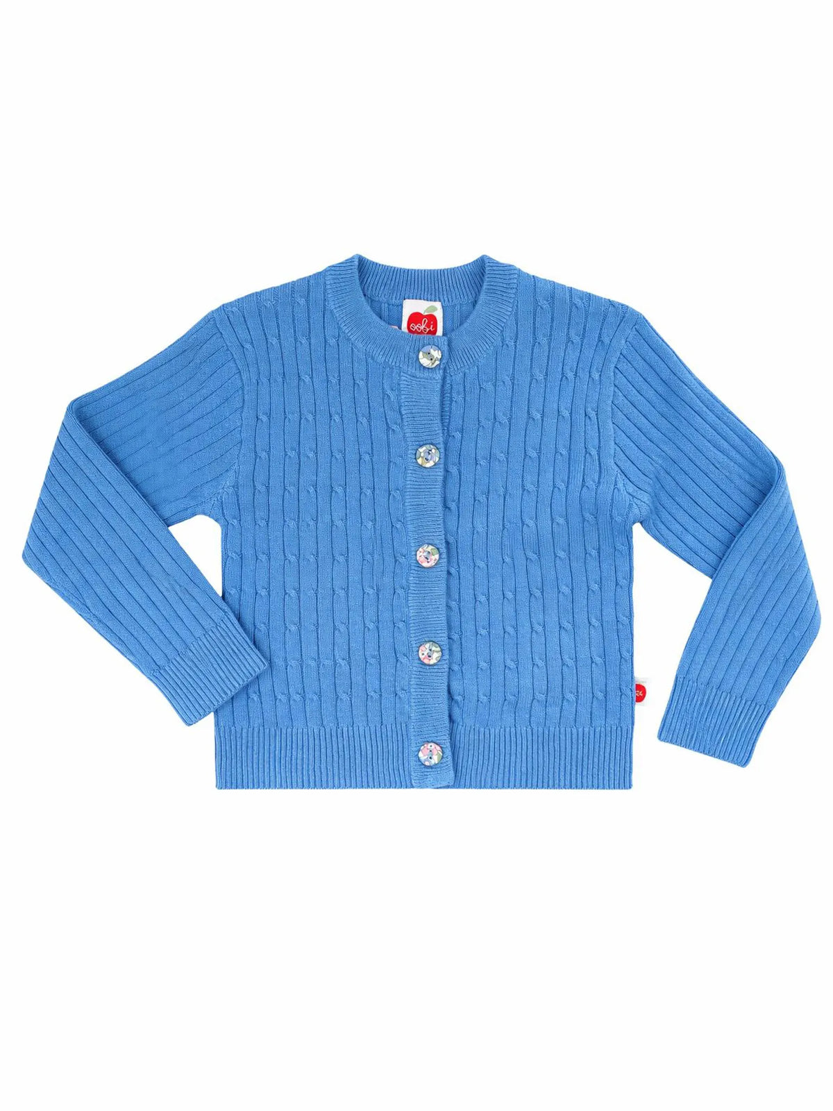 Blue ribbed cardigan with buttons on a white background