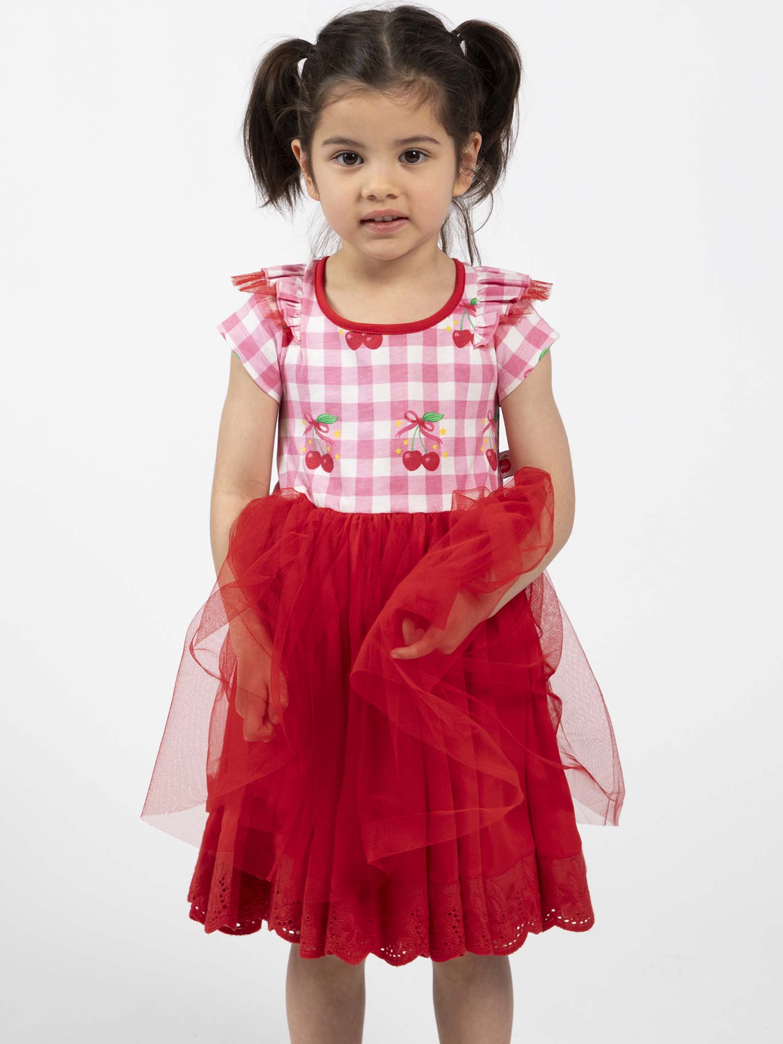 A young girl with pigtails poses against a plain background in the Cherry Gingham Tutu Dress by Cherry Gingham, featuring pink and white gingham with cherry prints and a red tulle skirt for a sweet 1950s-inspired look.