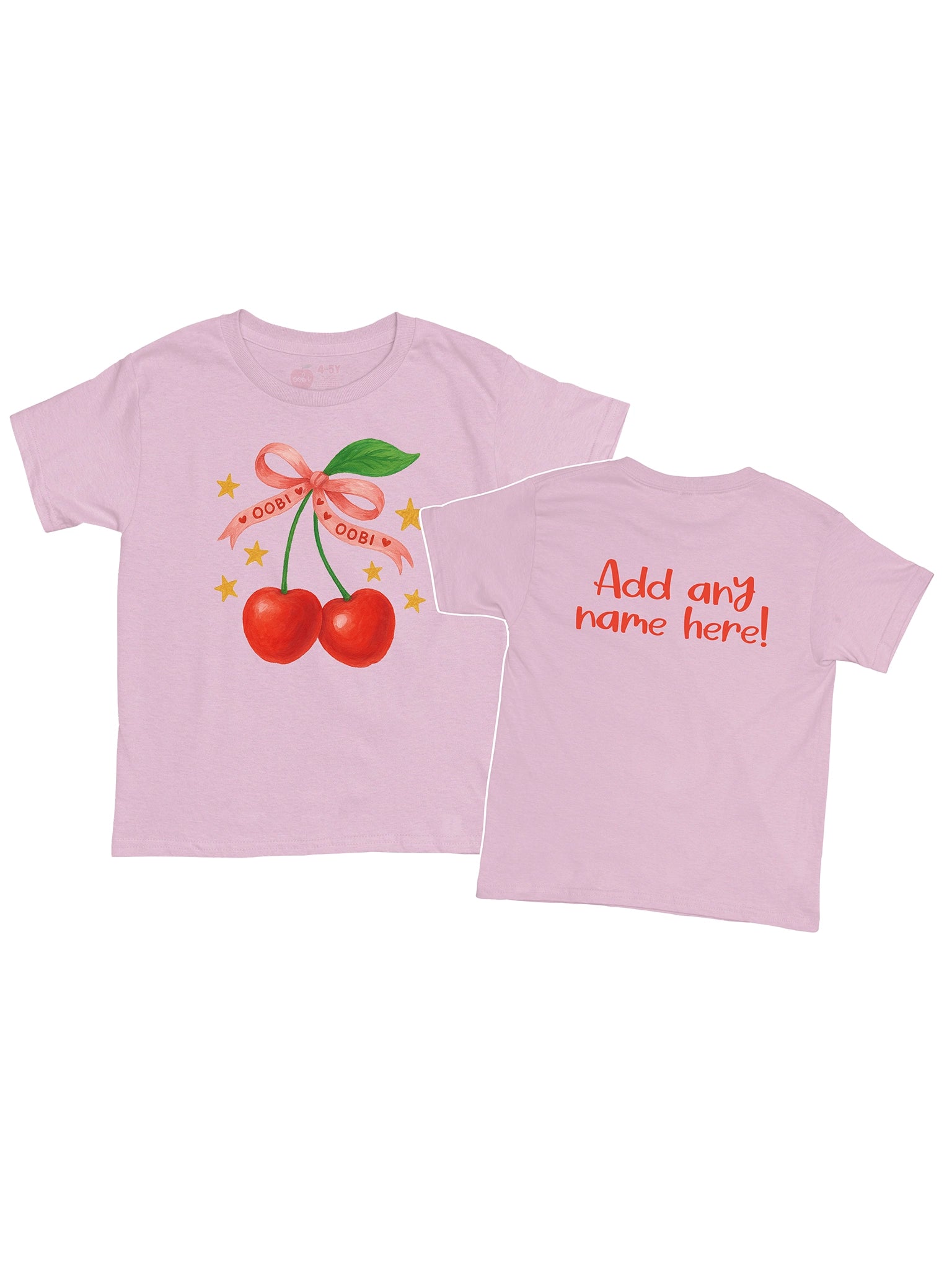 The Cherry Printed Tee by Essentials is an ethically made, 100% cotton pink t-shirt with two cherries, a "OOBI OOBI" pink ribbon, and stars on the front; customize the back with any name in red text.