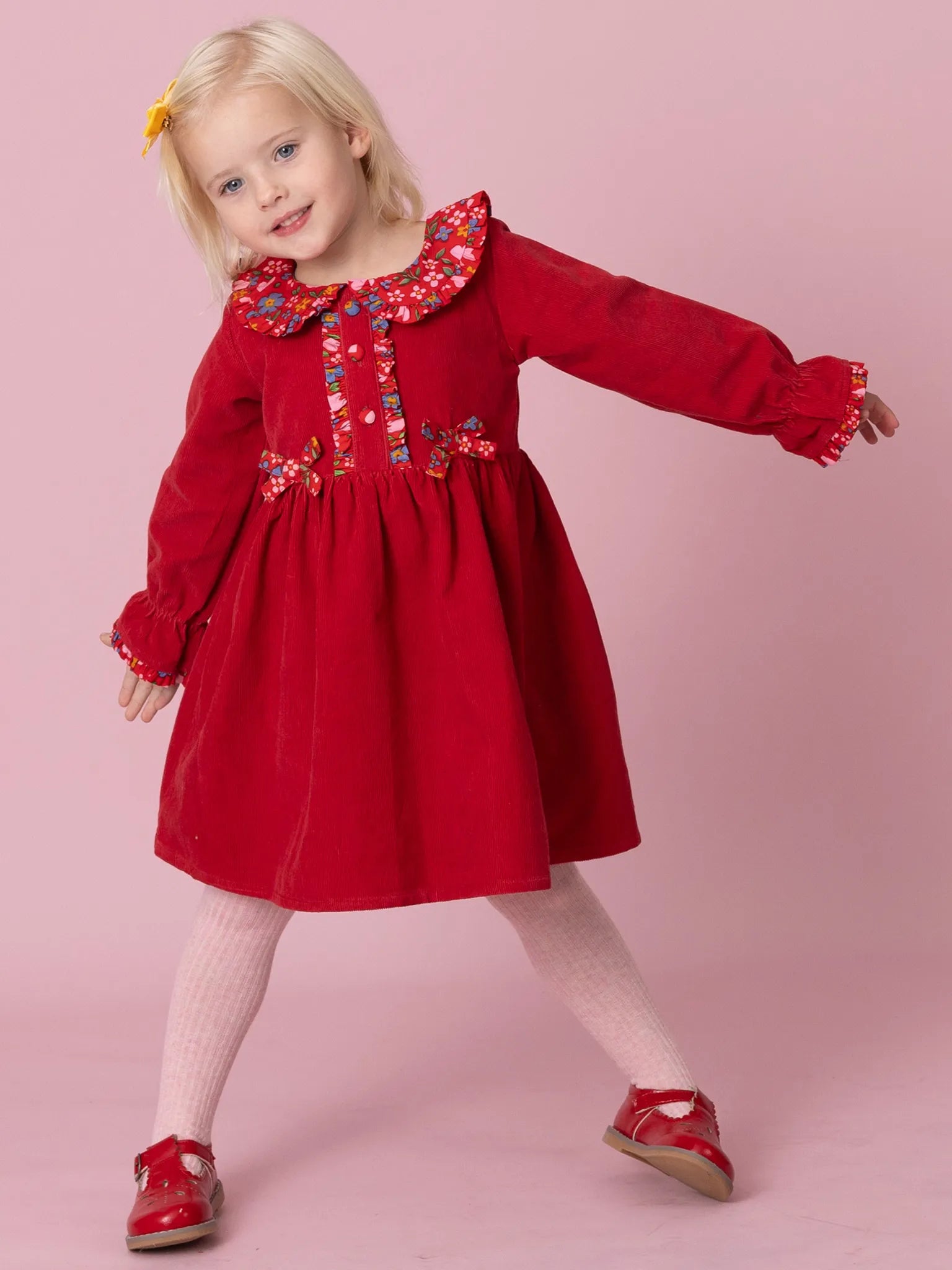 Raspberry Corduroy Dress with Fabric Collar