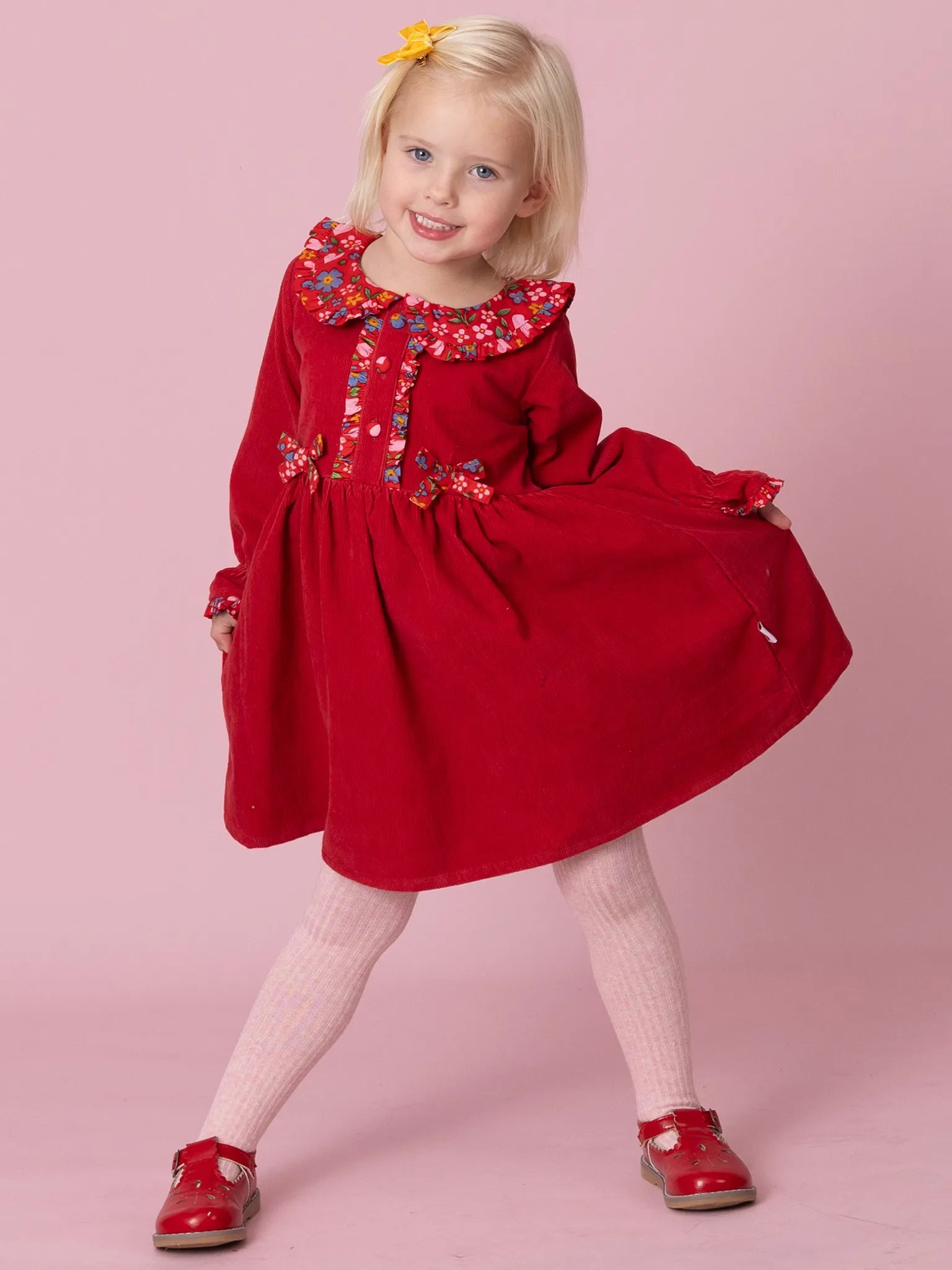 Raspberry Corduroy Dress with Fabric Collar