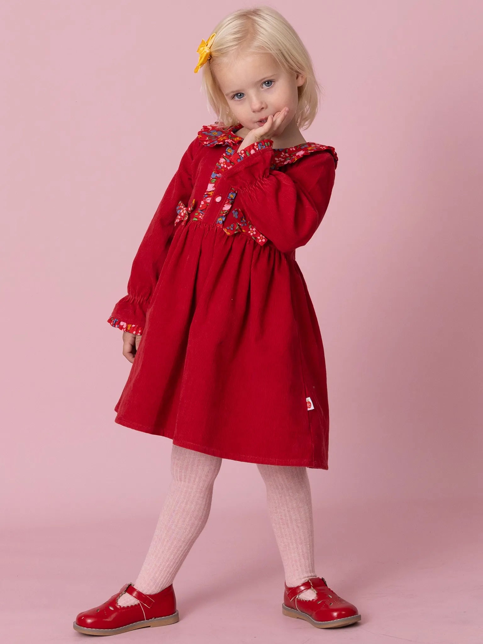 Raspberry Corduroy Dress with Fabric Collar