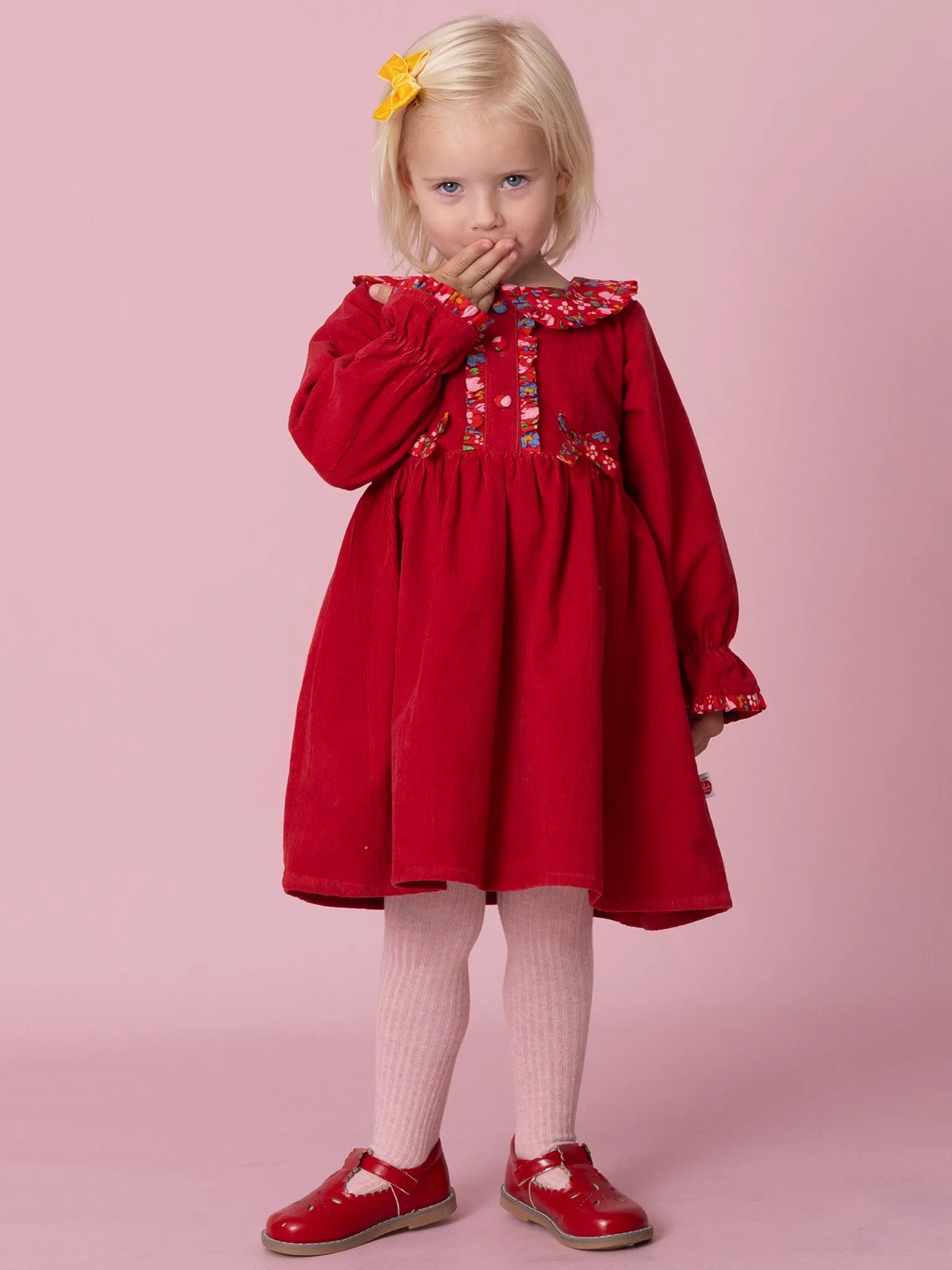 Raspberry Corduroy Dress with Fabric Collar