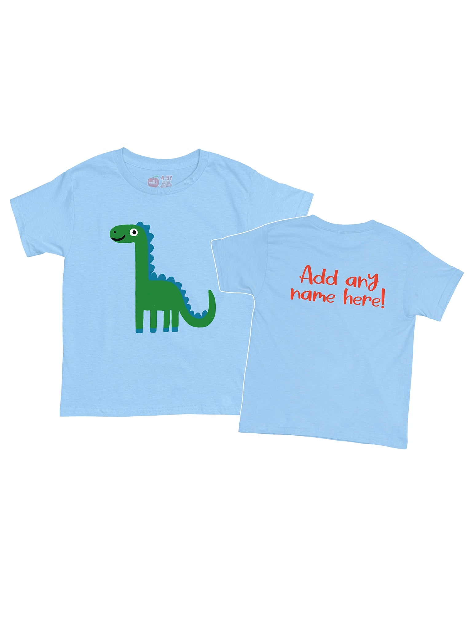 The Essentials Dinosaur Printed Tee is a light blue 100% cotton kids’ shirt featuring a green dinosaur graphic on the front and customizable red “Add any name here!” text on the back. Hand printed in Australia for added comfort and quality.
