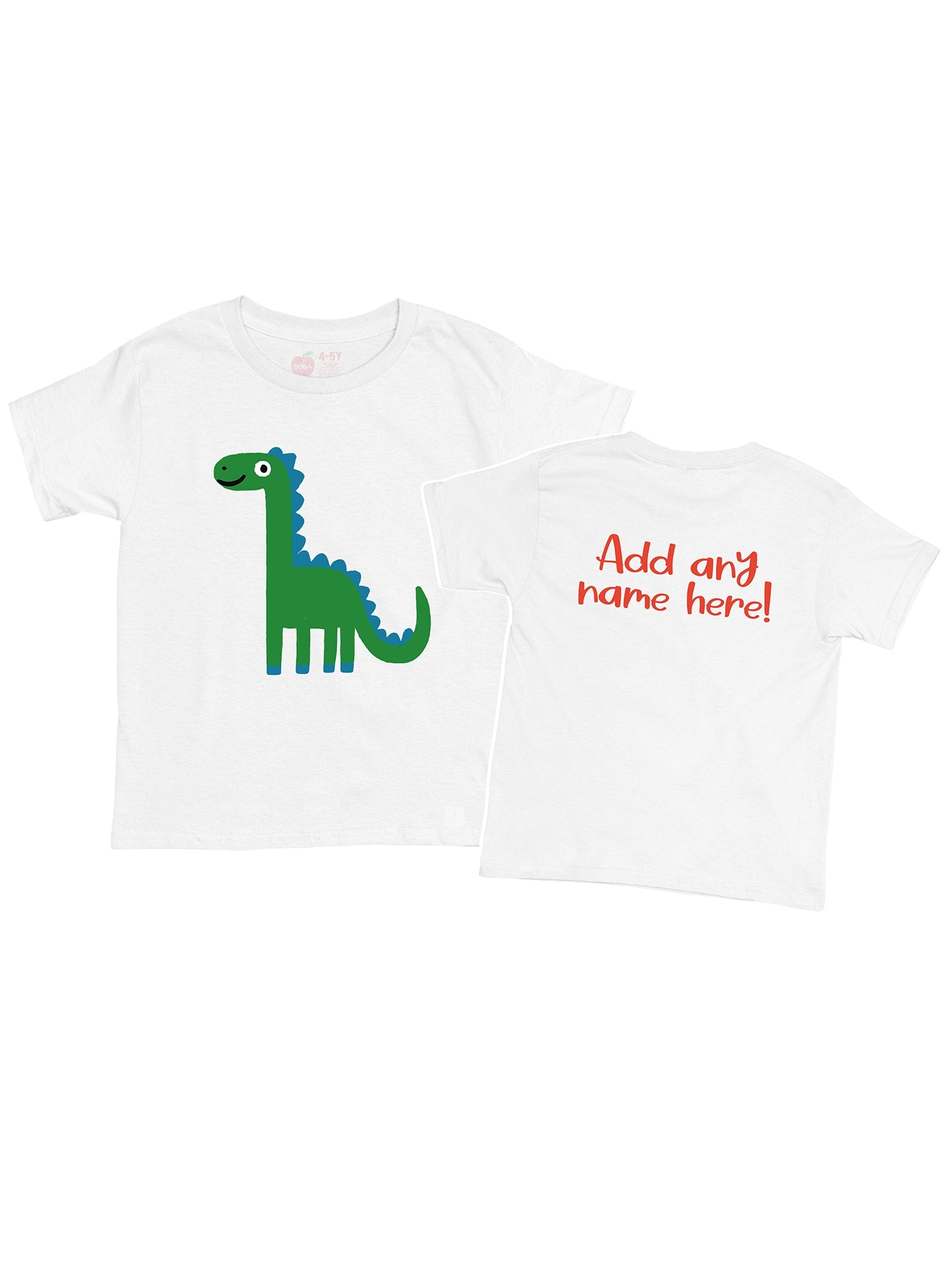 The Essentials Dinosaur Printed Tee is a 100% cotton, oversized white t-shirt with a green dinosaur print on the front and customizable red "Add any name here!" text on the back.