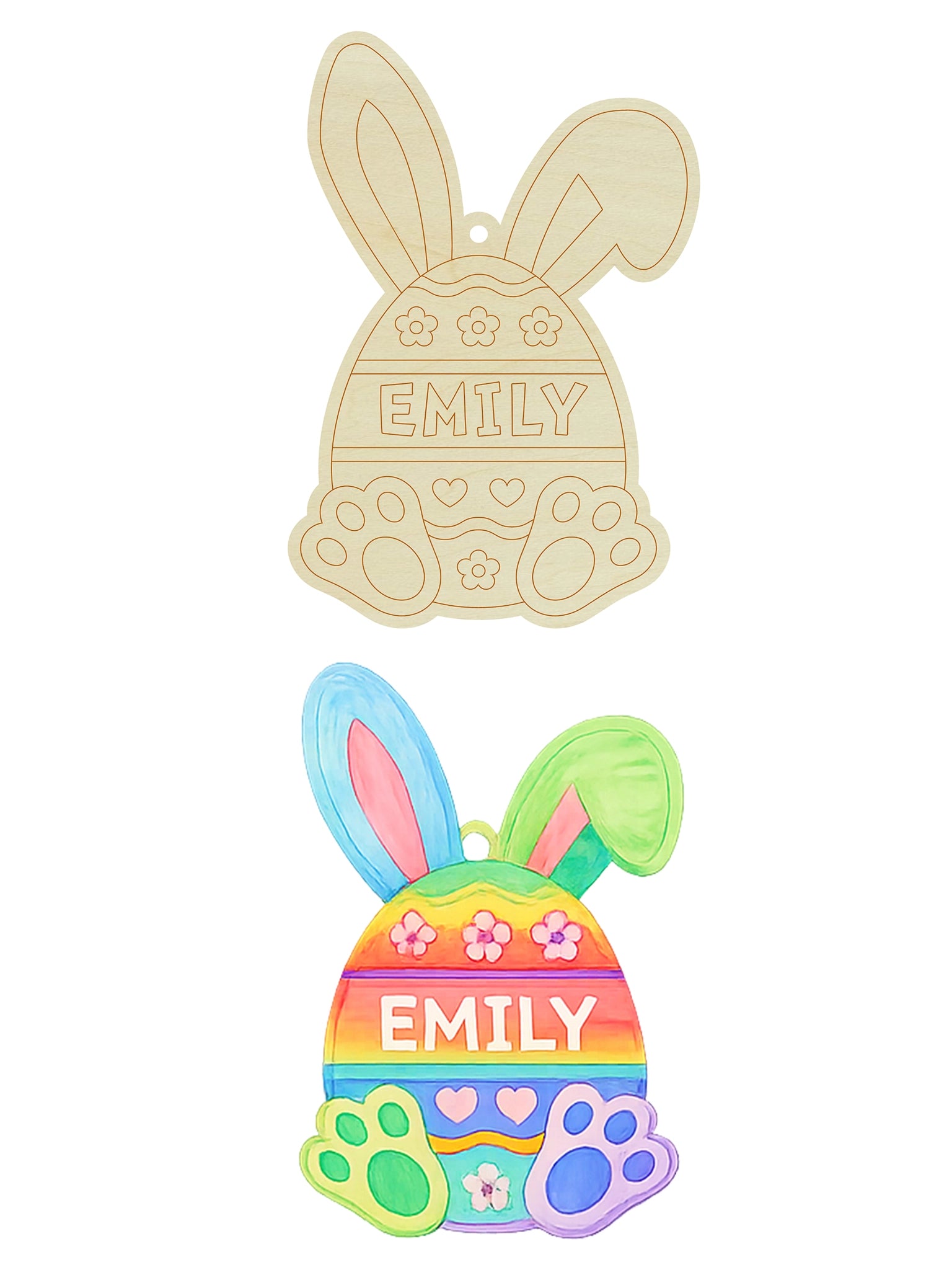 Two decorative bunny-shaped items with 'EMILY' engraved on them, one plain beige and the other colorful.