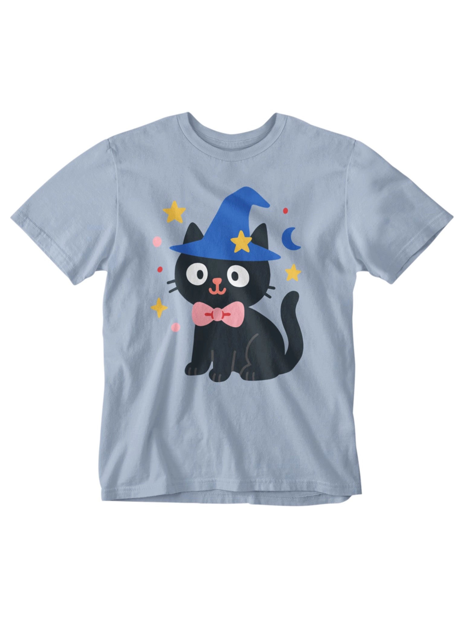 Light blue women's or mens t-shirt for sizes S up to XXL with a black cat wearing a wizard hat and bow tie for Halloween and dress ups and matching with the family