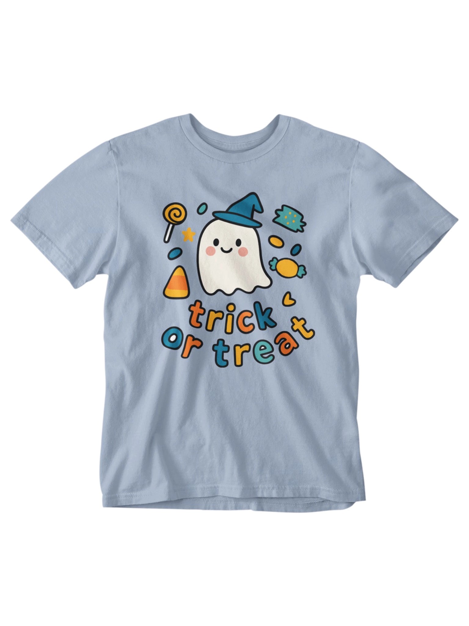 The Essentials Halloween Trick or Treat Cotton Tee is light blue, made of 100% cotton, and features a cartoon ghost in a witch hat with candies and "trick or treat" in colorful letters.