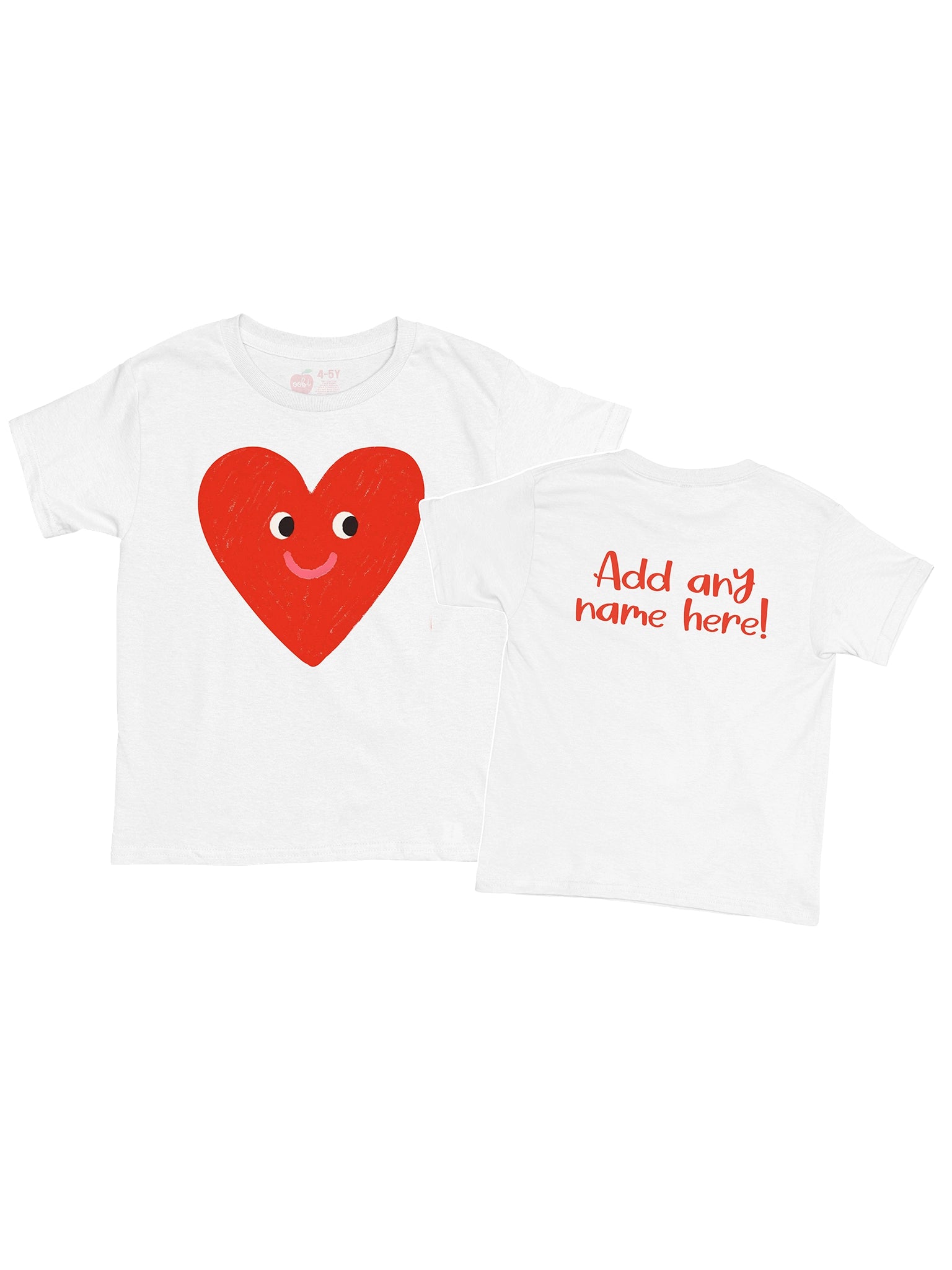 Essentials Heart Printed Tee: White, 100% cotton shirt with a large red smiling heart on the front and "Add any name here!" in red, handwritten-style font on the back. Comfortable and durable.