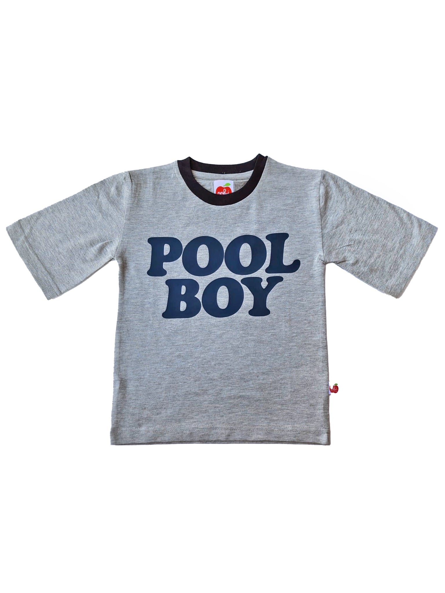 The Oobi Pool Boy Tee with Navy Binding is a gray short-sleeved boys' t-shirt featuring "POOL BOY" in bold navy on the front and a black collar, each hand printed in Australia for premium style and quality.