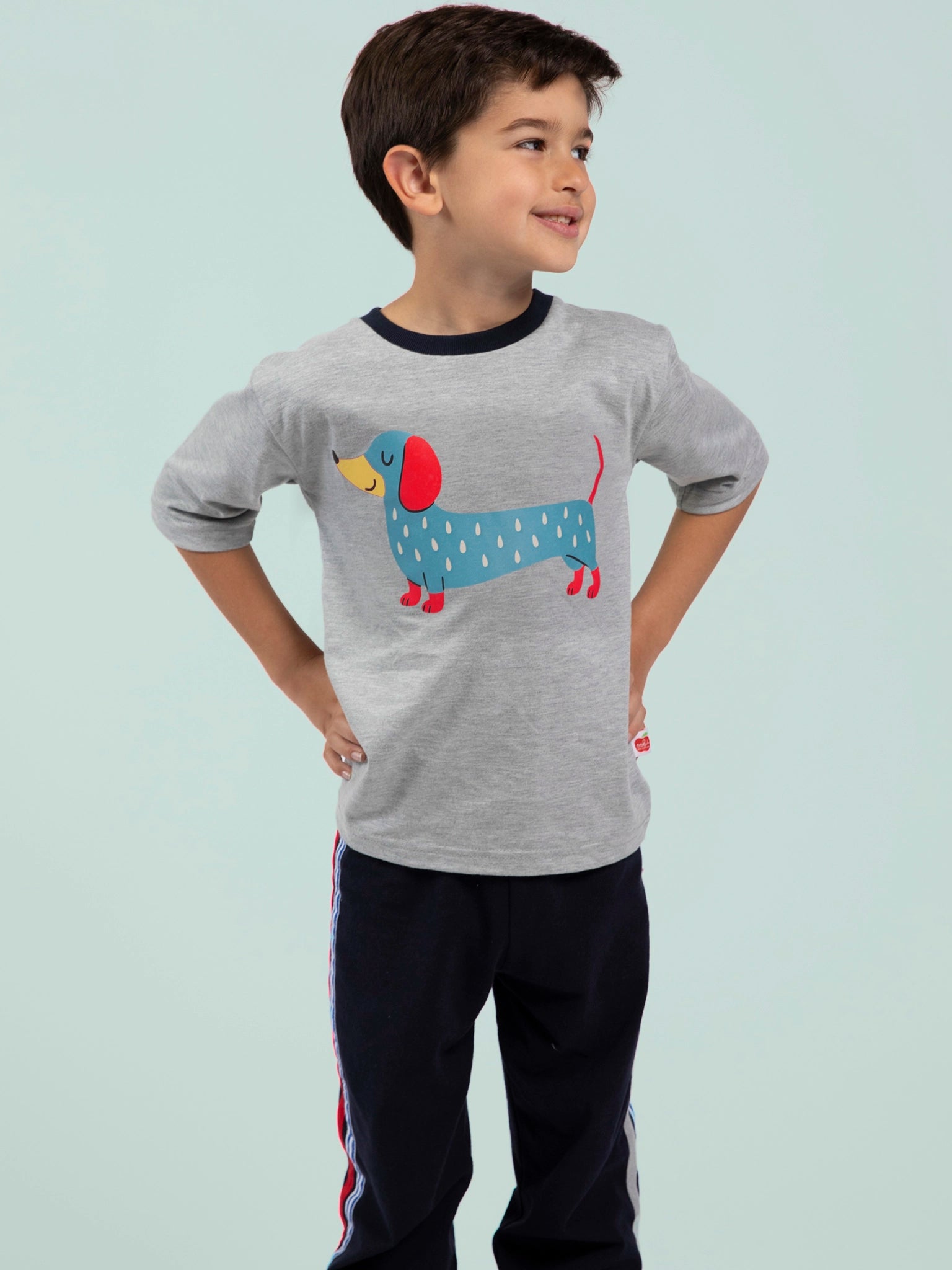 A young boy confidently poses in the Oobi Blue Sausage Dog Tee with Navy Binding, hand-printed in Australia with a blue and red dachshund graphic, paired with dark side-striped pants.