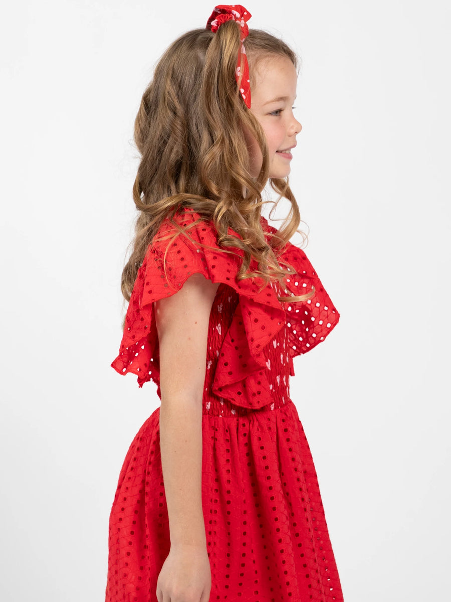 Red Lace Party Dress with Ruched Bodice