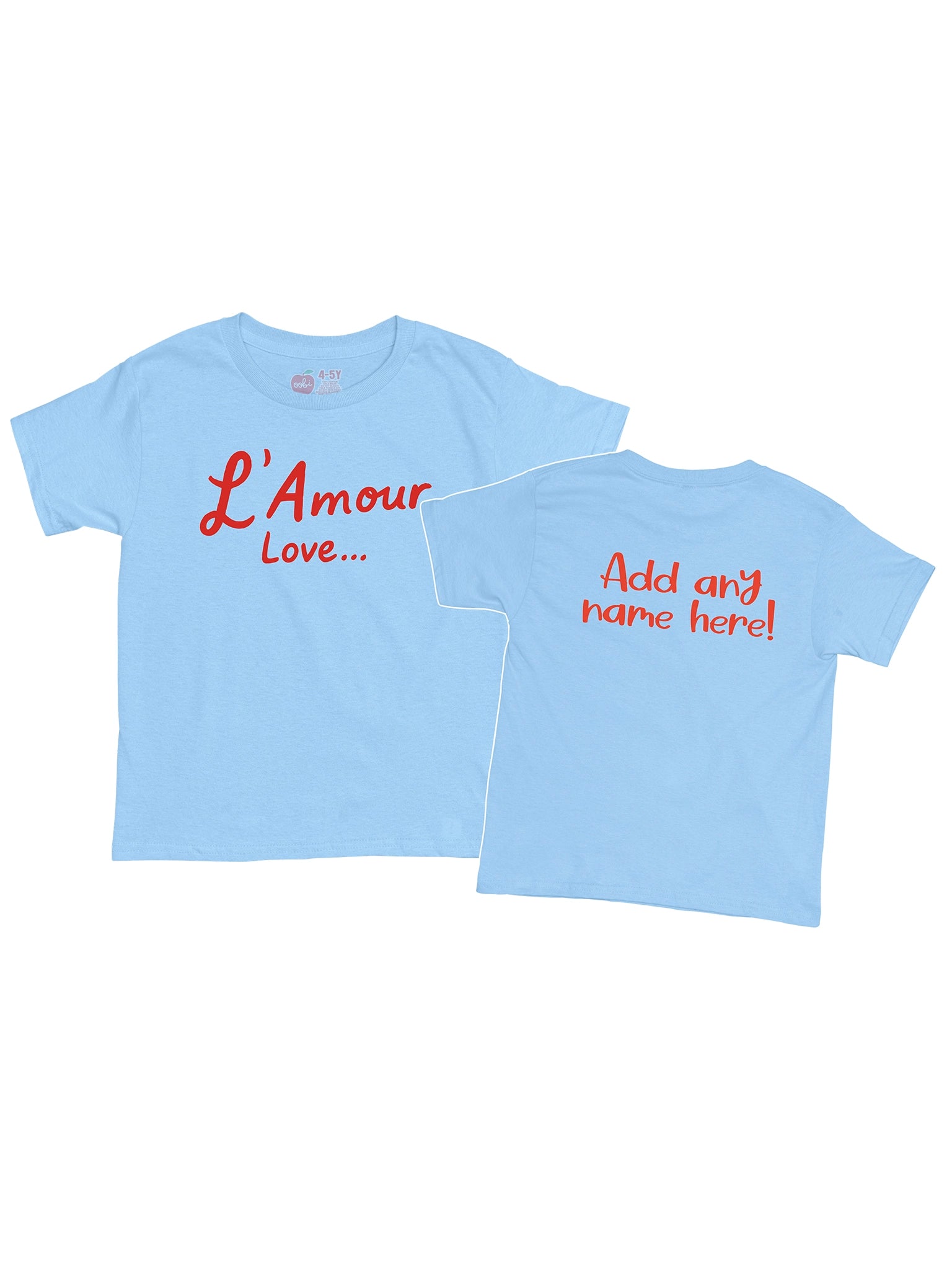 The Essentials L'amour Printed Tee is a light blue, oversized fit t-shirt, hand printed in Australia with "L'Amour Love..." in red on the front and your custom name on the back for a personalized touch.