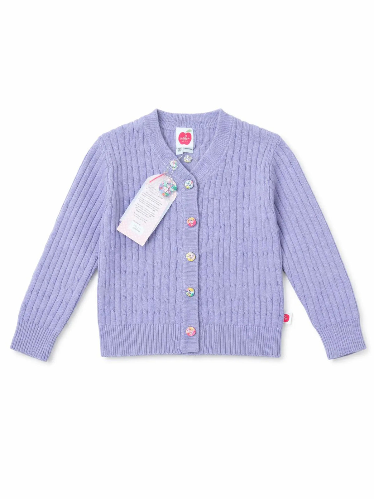 Purple cardigan with colorful buttons on a white background