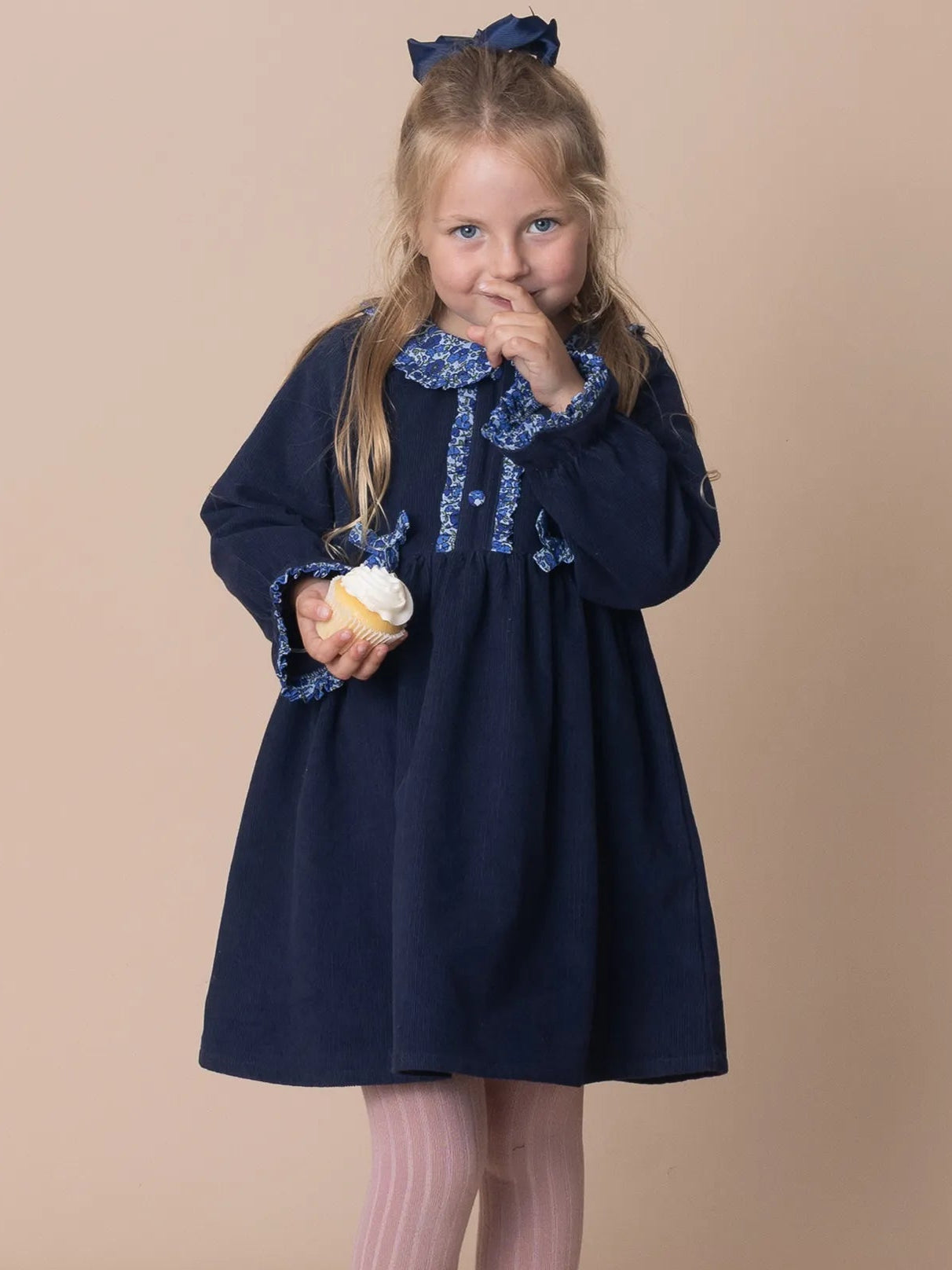 Long Sleeve Girls Dress | Blue Winter Corduroy Dress | 2Y - 12Y Oobi 4Y
