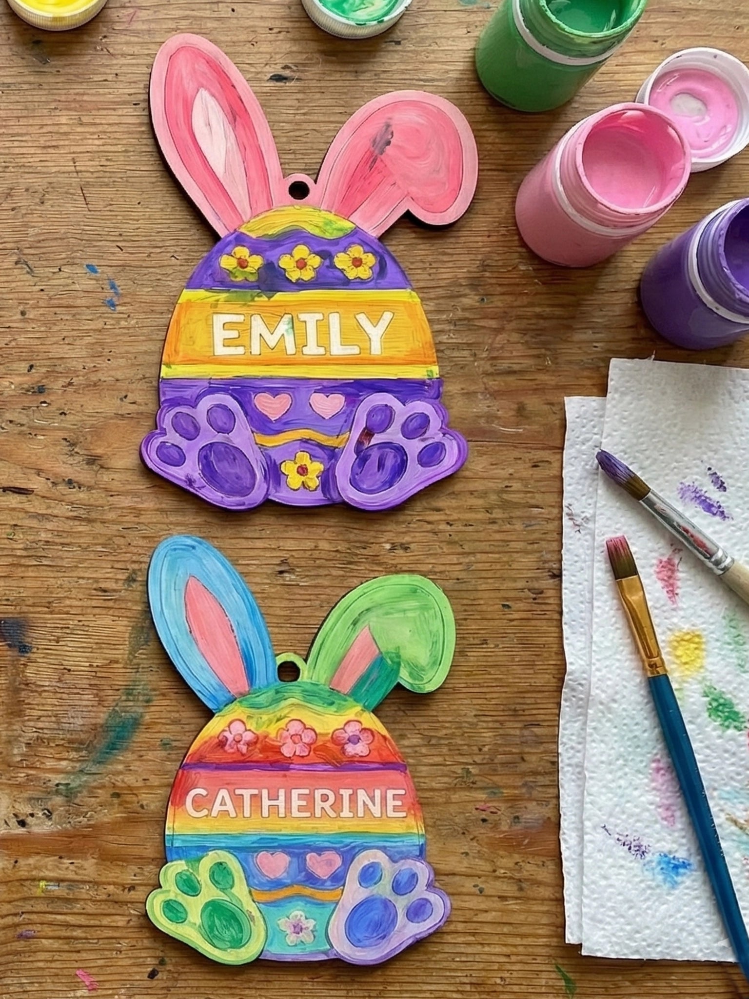 Colorful Easter egg-shaped nameplates with 'EMILY' and 'CATHERINE' on a wooden surface with art supplies.