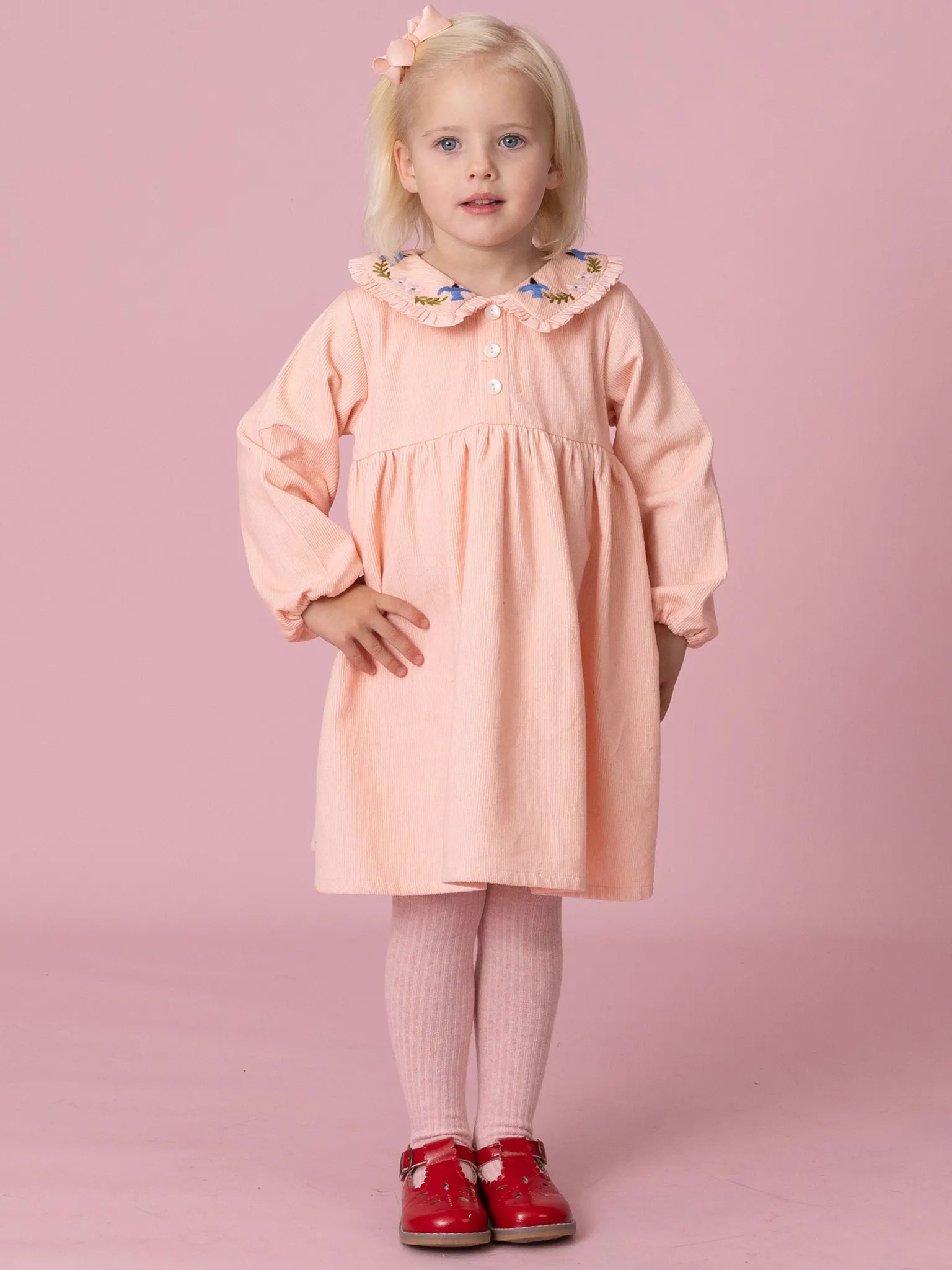 Pink Cord Coat Dress with Birds Embroidery
