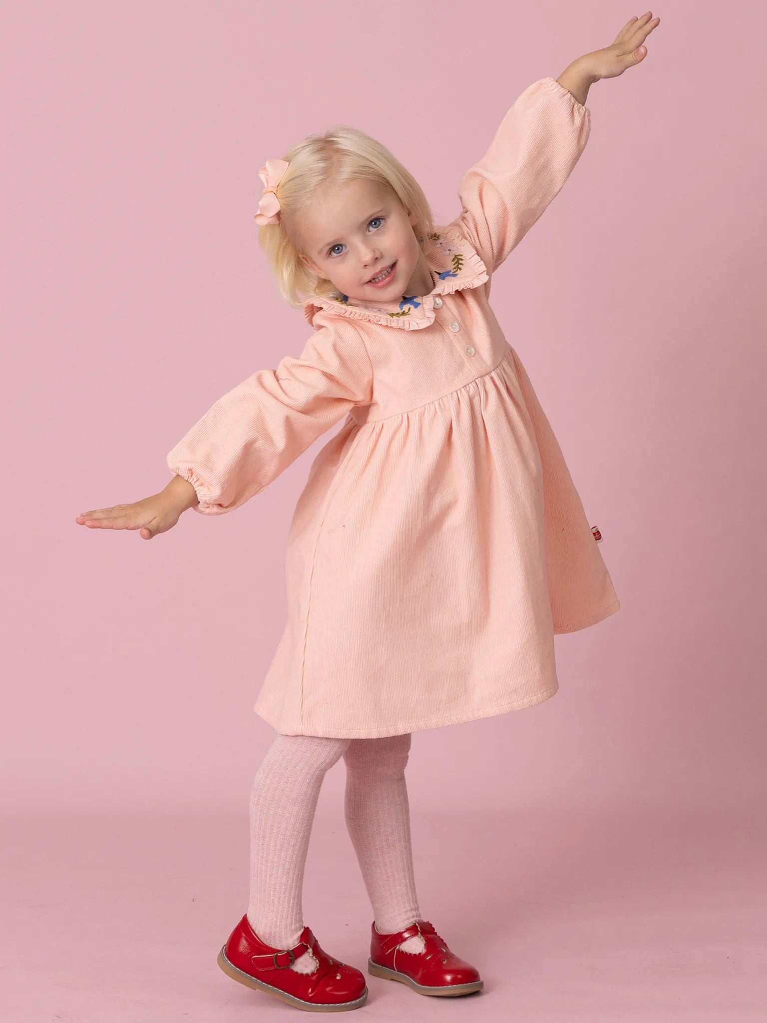 Pink Cord Coat Dress with Birds Embroidery