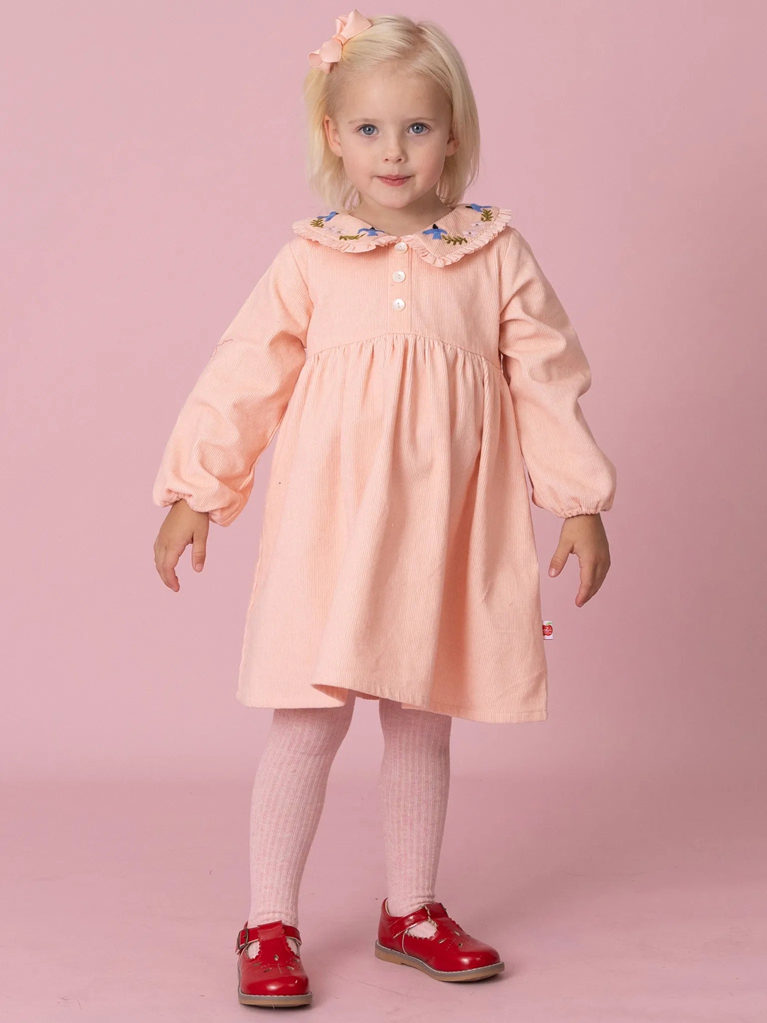 Pink Cord Coat Dress with Birds Embroidery