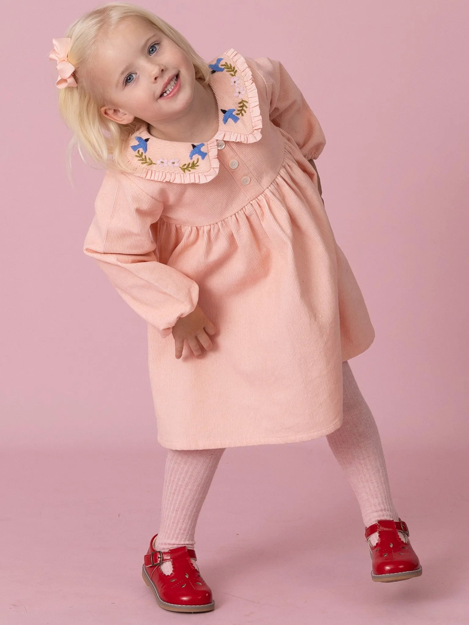 Pink Cord Coat Dress with Birds Embroidery