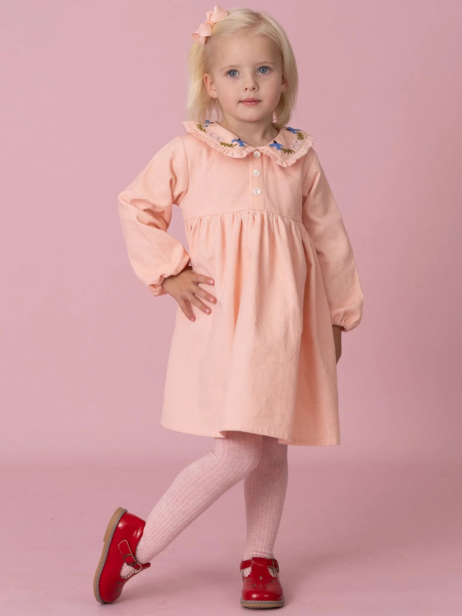 Pink Cord Coat Dress with Birds Embroidery