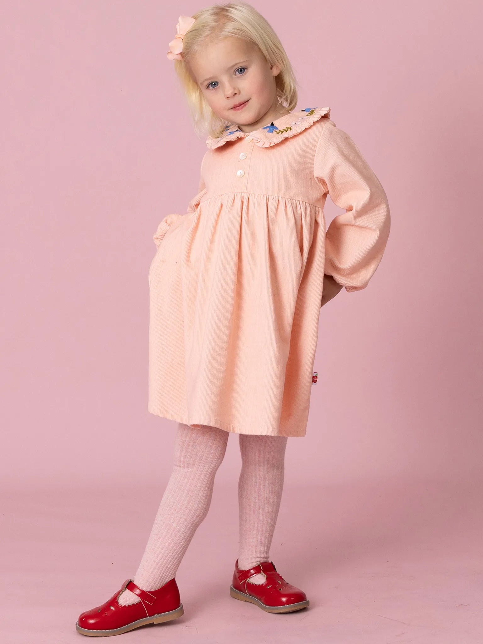 Pink Cord Coat Dress with Birds Embroidery