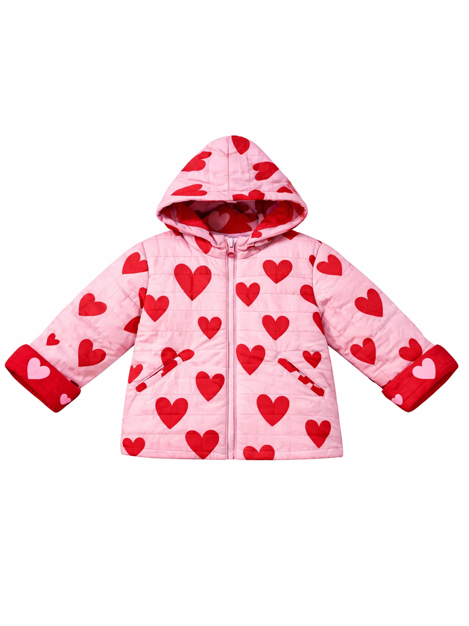 Pink quilted jacket with red heart patterns on a white background