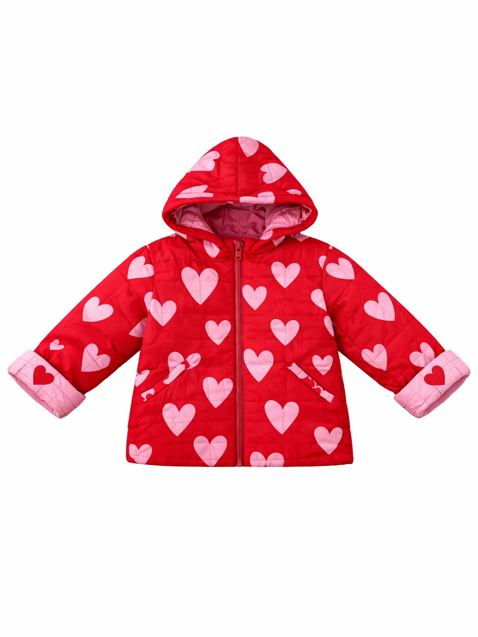 Red quilted jacket with pink heart patterns on a white background