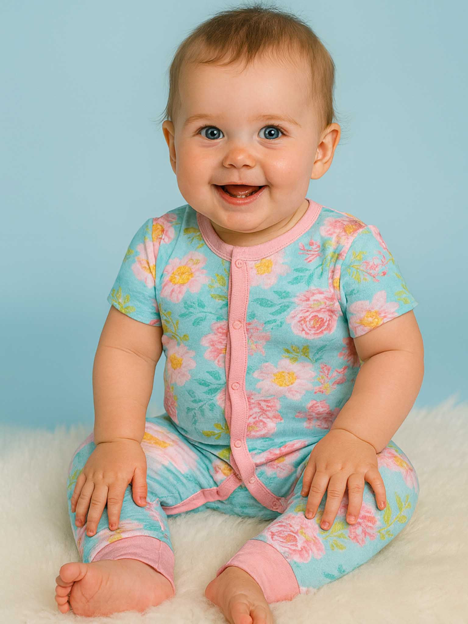 A toddler wearing the Watercolour Misha Blue Watercolour Short Sleeve Romper sits on a soft white surface with a light blue background, smiling at the camera.