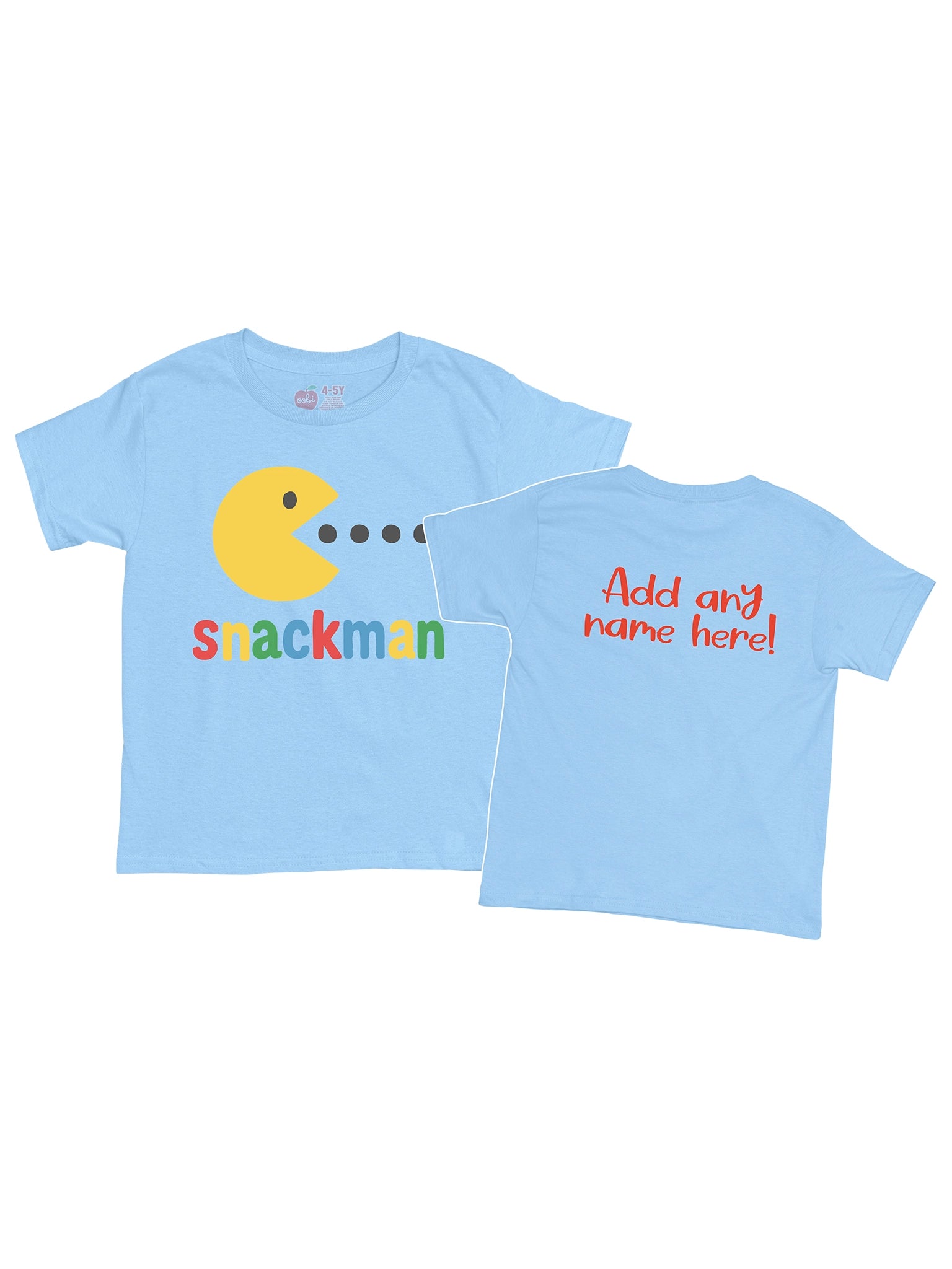 The Essentials Snackman Printed Tee is light blue with a yellow Pac-Man-like graphic and "snackman" on the front, custom red text ("Add any name here!") on the back, features an oversized fit, and is hand printed in Australia.