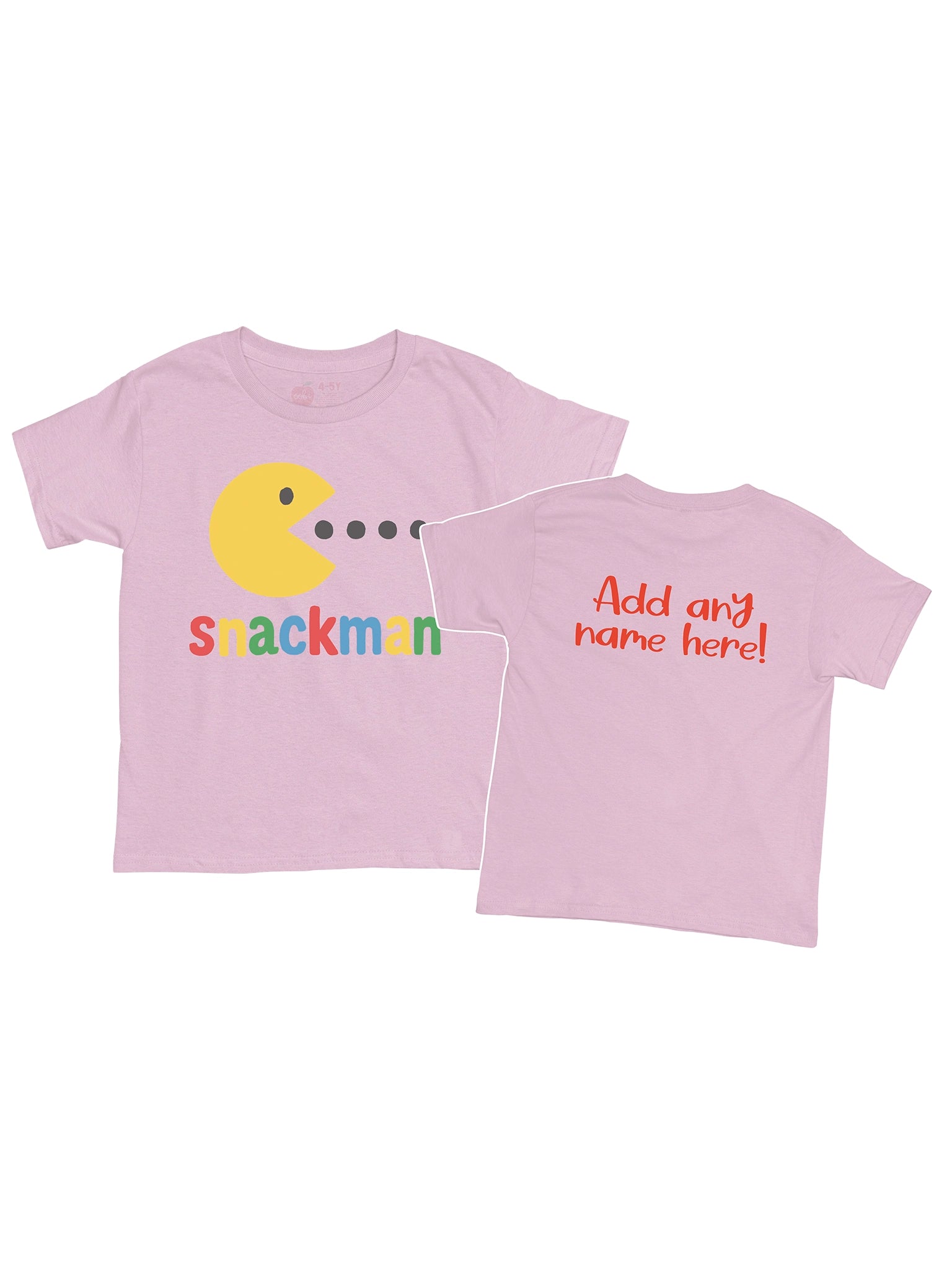 The Essentials Snackman Printed Tee is a pink 100% cotton, oversized fit, hand-printed in Australia with a Pac-Man-inspired front design and "Add any name here!" in bold red on the back.