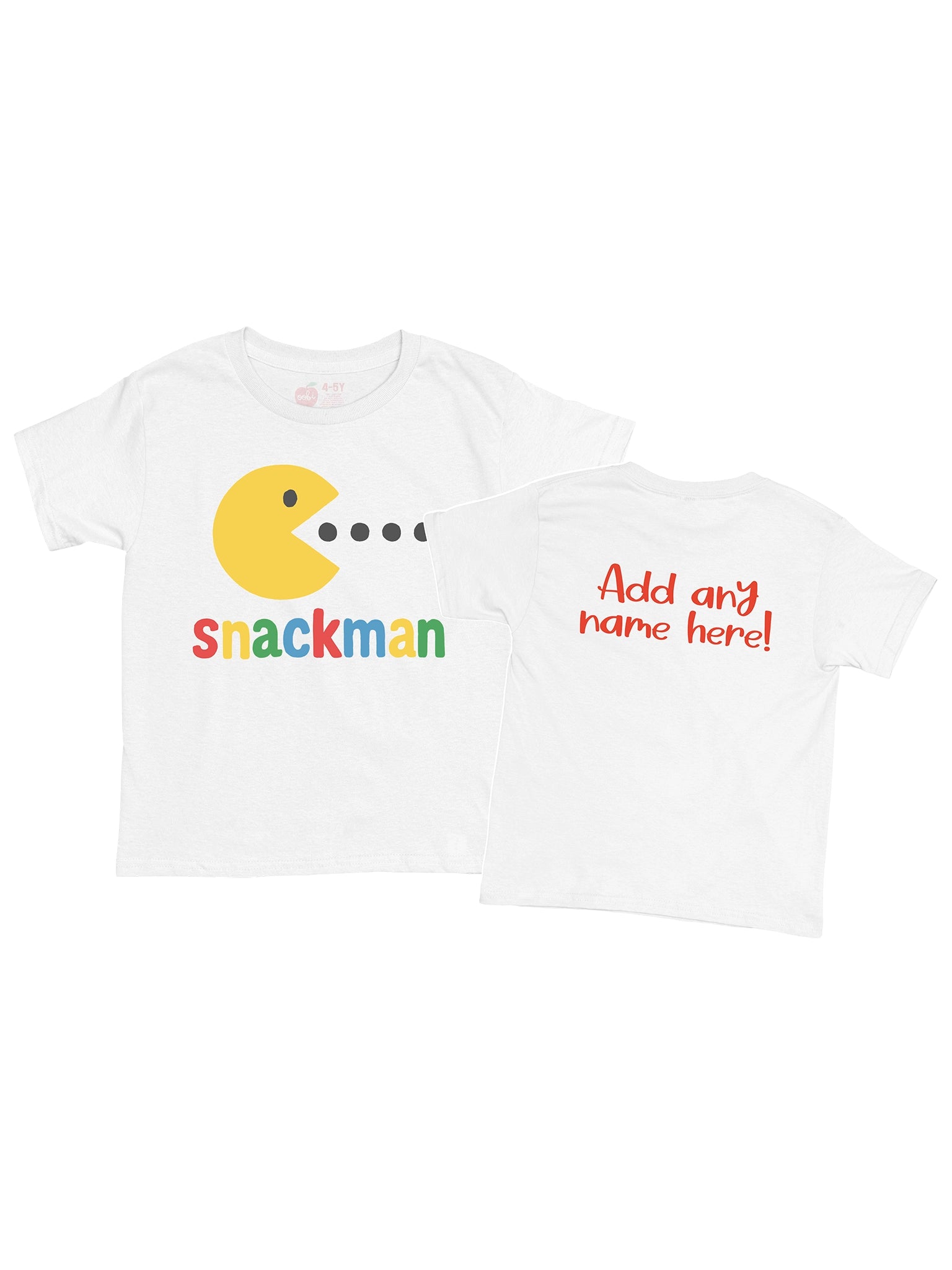 The Essentials Snackman Printed Tee is a white 100% cotton shirt, hand printed in Australia, featuring a yellow Pac-Man-style graphic and "snackman" on the front with customizable red text on the back.