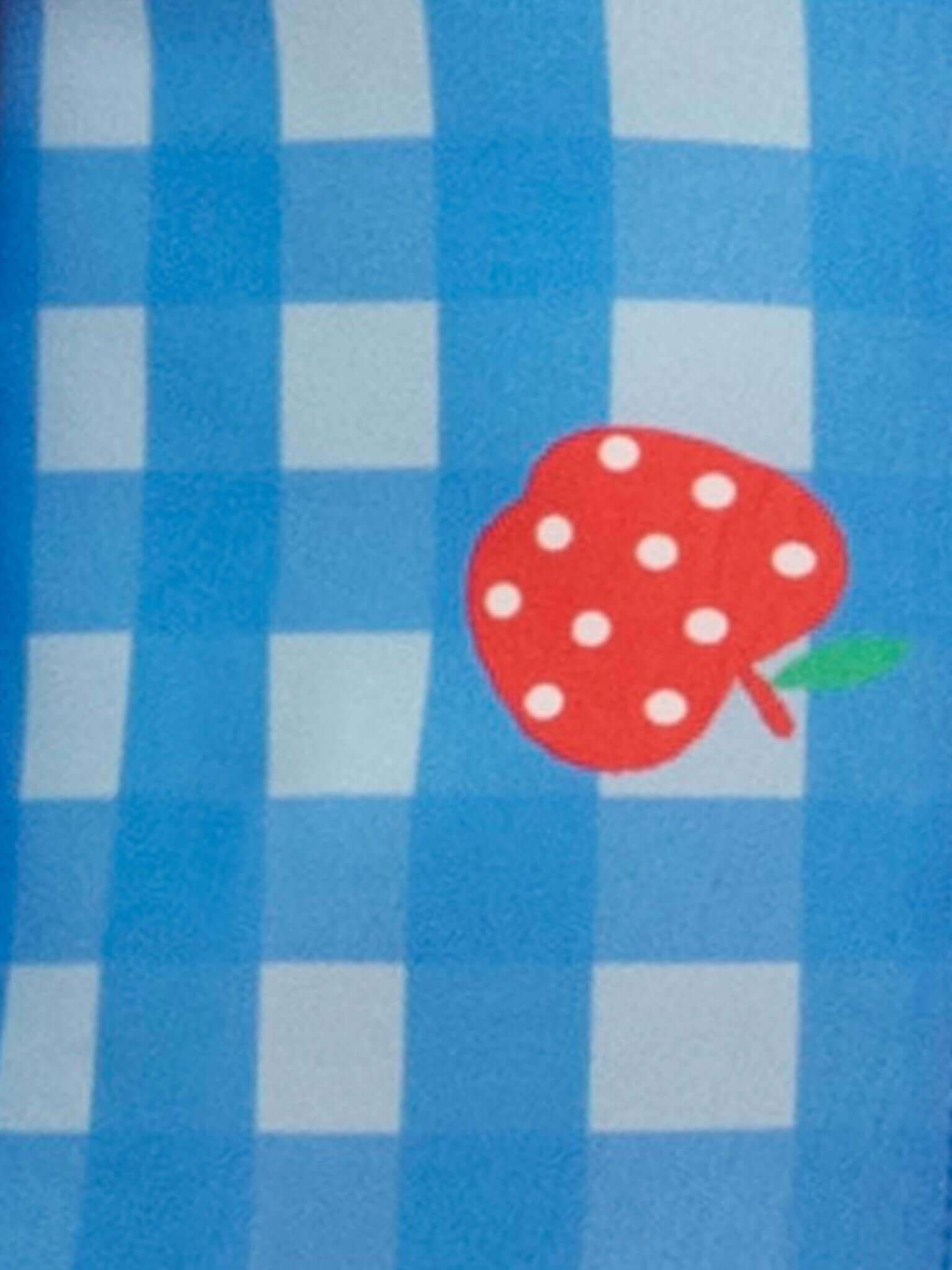 The Blue Gingham SPF 50 Gingham Long Sleeve Swimsuit features a blue and white checkered pattern with a red apple motif, offering stylish sun protection for girls all summer.