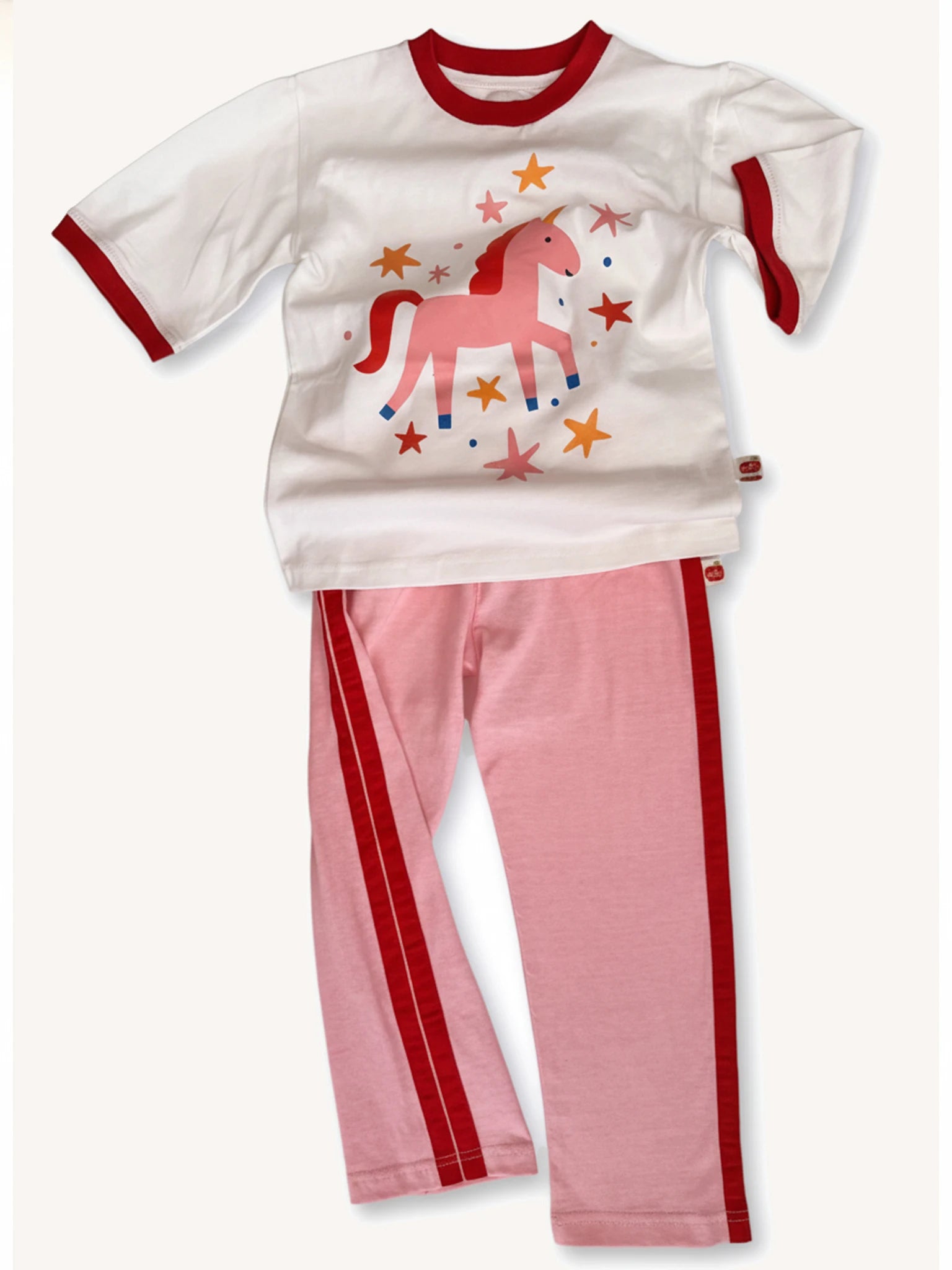 Essentials Pink Jersey 2 Stripe Pants pair with a white short-sleeve top featuring a red and pink horse graphic and star designs to create this sporty pajama set for girls.