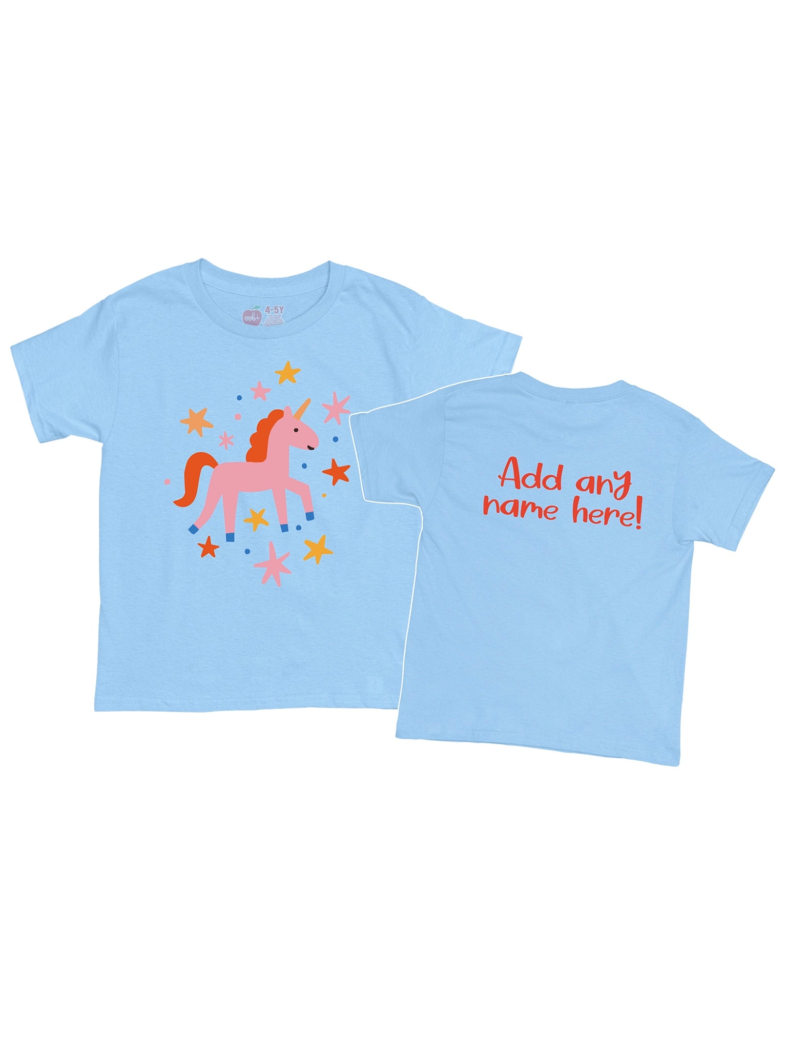 Essentials' Unicorn Printed Tee features a light blue color, pink unicorn, colorful stars on the front, and "Add any name here!" in red on the back. Made from 100% cotton for comfort and quality.