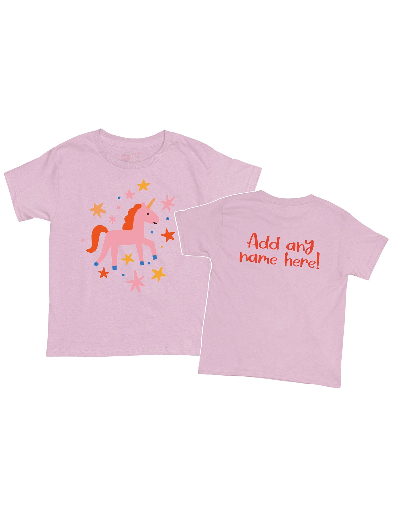 The Essentials Unicorn Printed Tee features a cartoon unicorn and colorful stars on the front, with customizable red text on the back. Made from 100% cotton for comfort and an oversized fit, this tee is ethically produced.