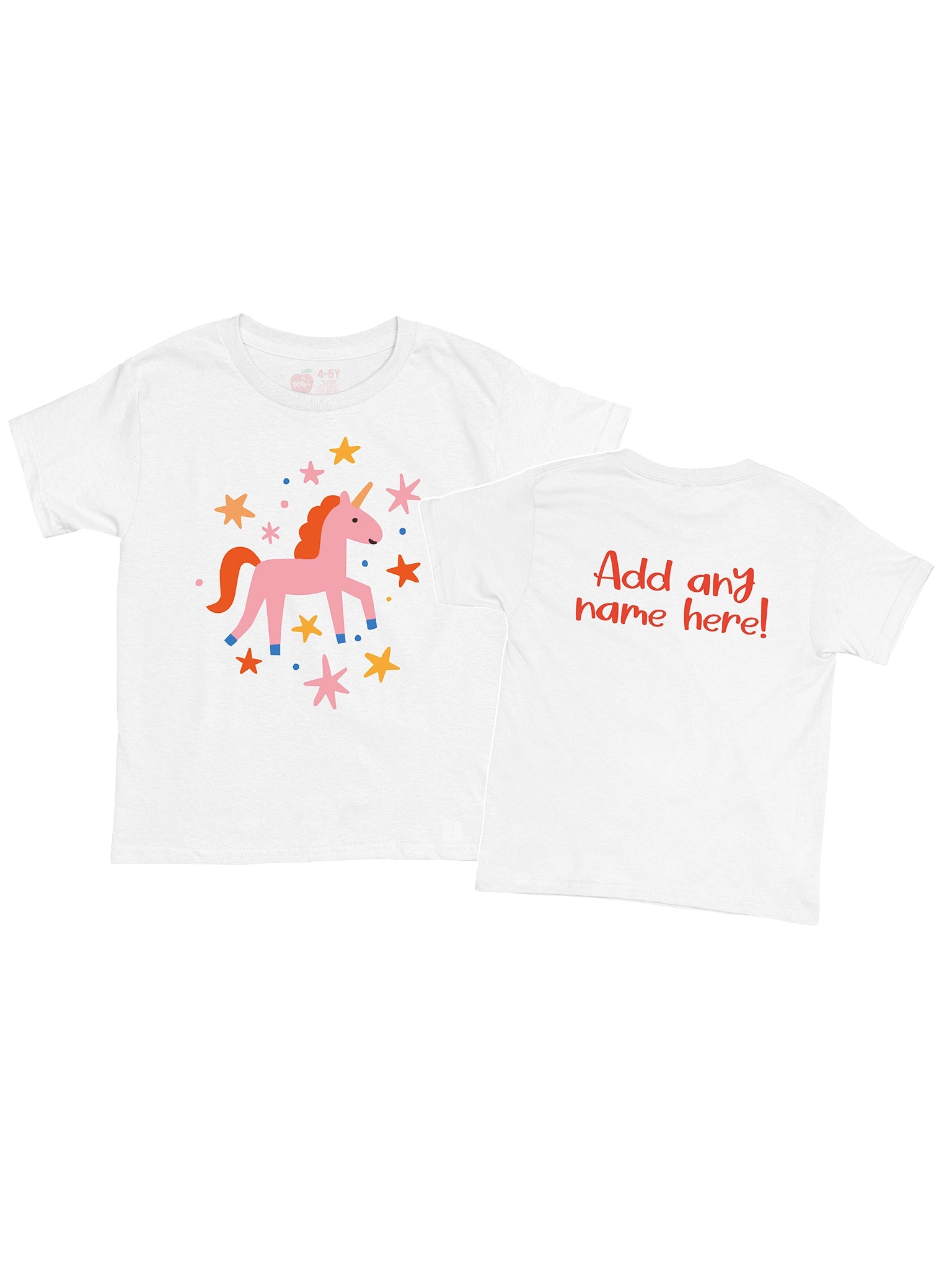 The Essentials Unicorn Printed Tee features a pink unicorn and colorful stars on the front, with customizable red text on the back. Made from 100% cotton for comfort and quality.
