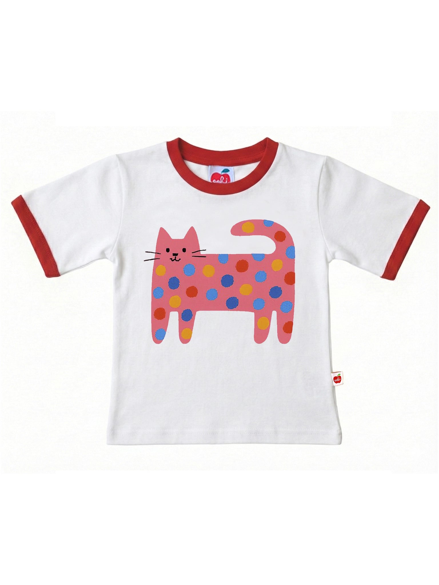 Quirky Cat Pink Tee with Red Binding White
