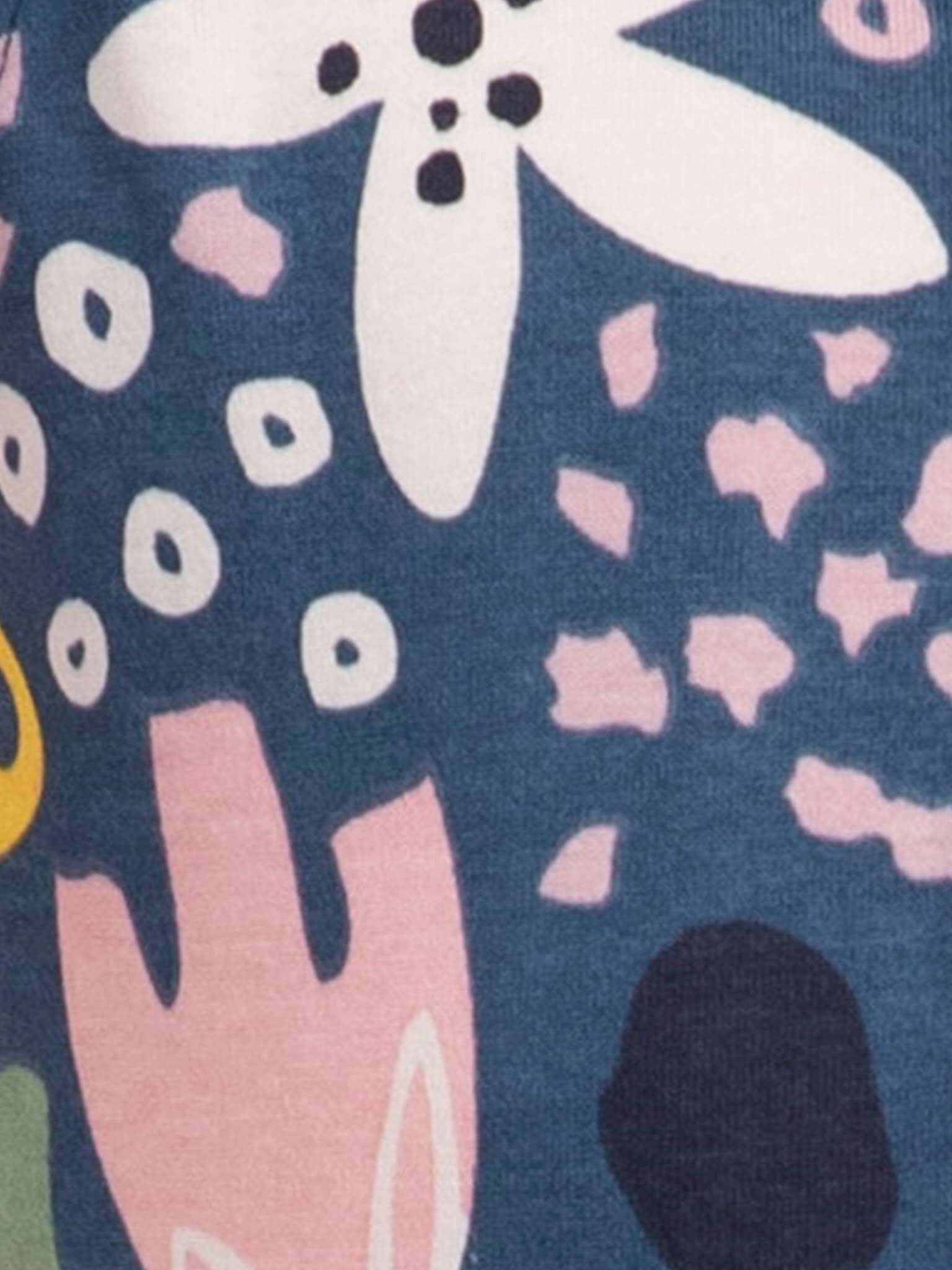 Close-up of a fabric with abstract patterns including a hand, flowers, and shapes on a dark blue background.