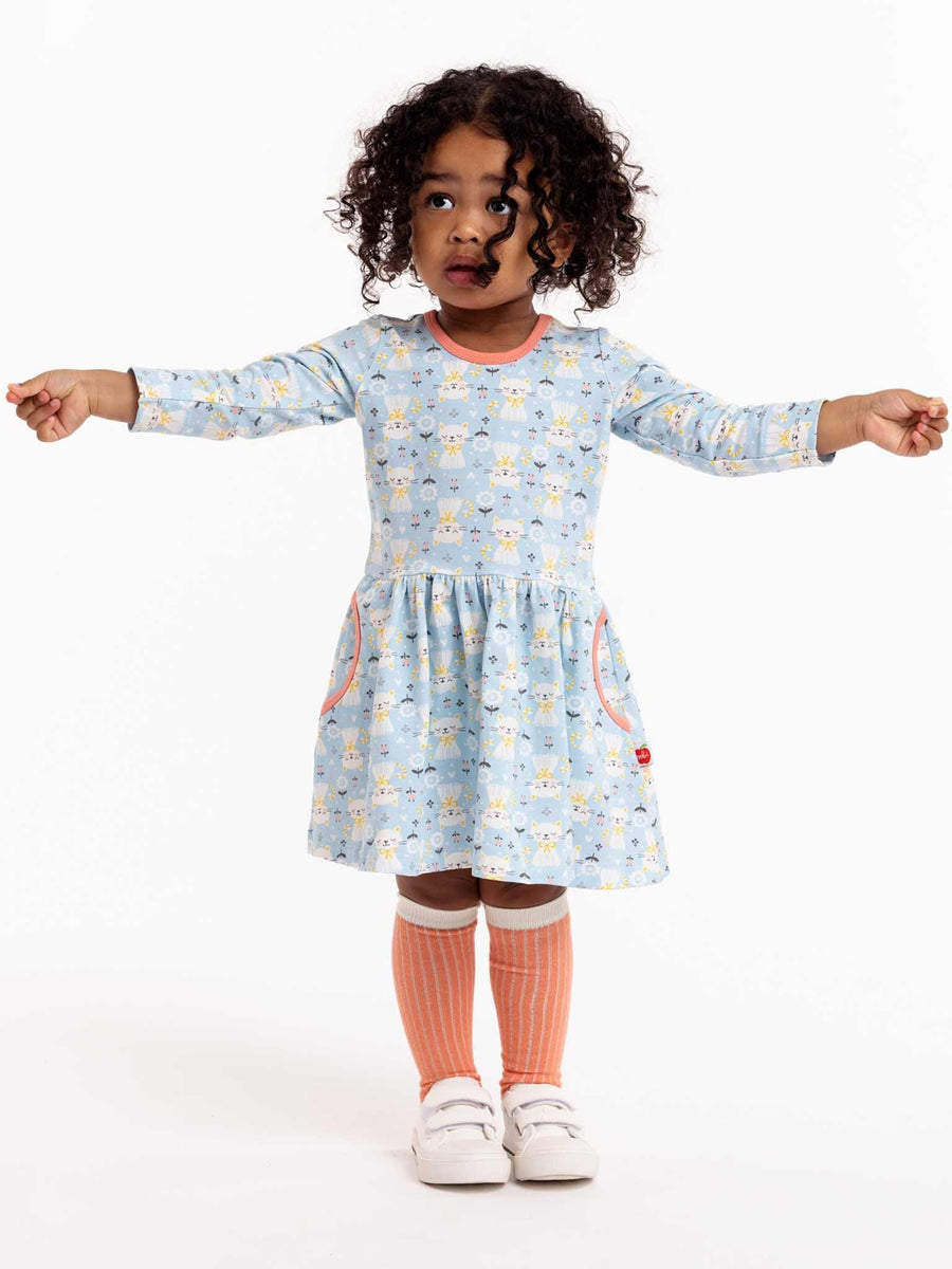 Elsa Long Sleeve Blue Kitten Dress
