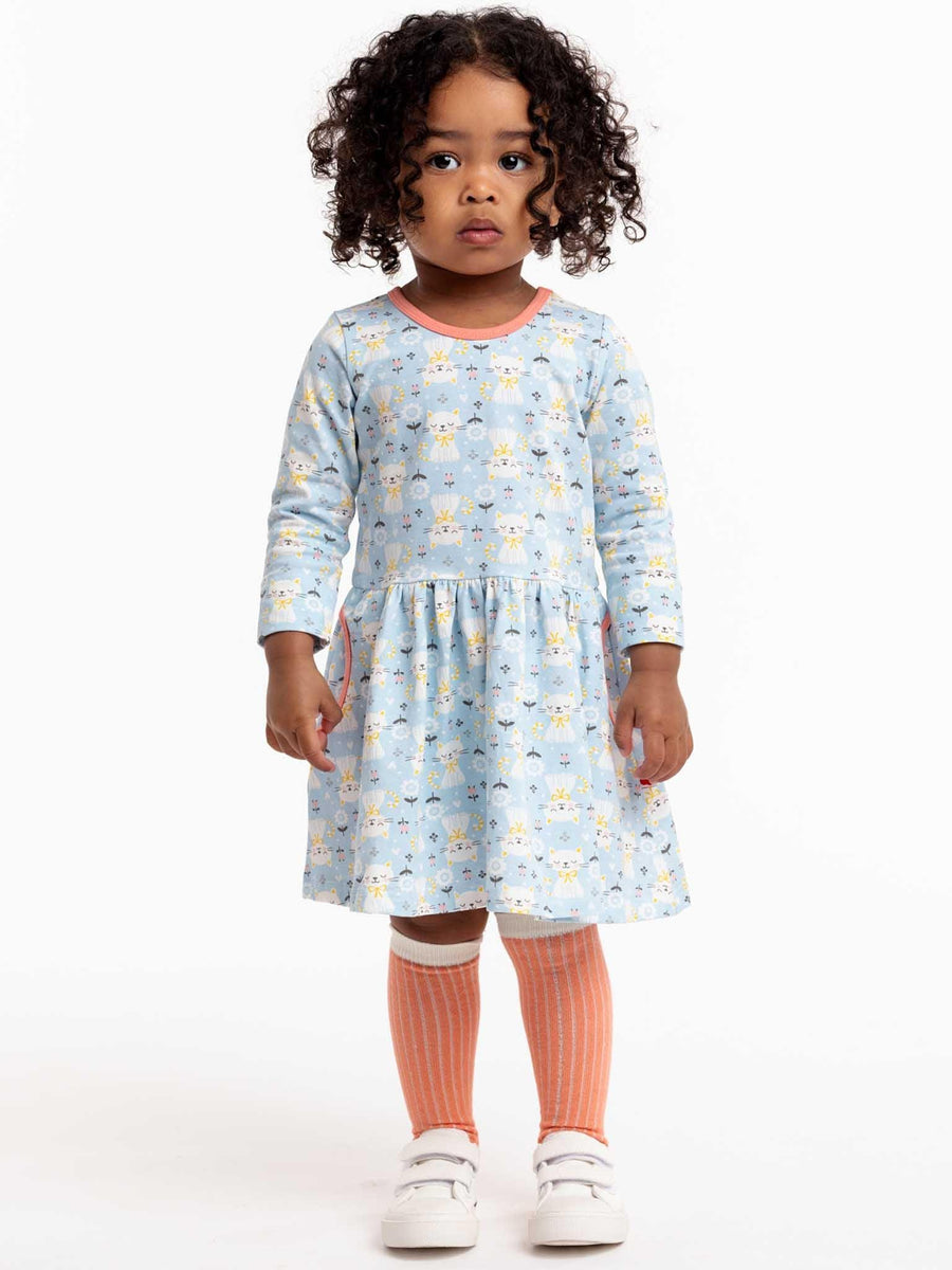 Elsa Long Sleeve Blue Kitten Dress