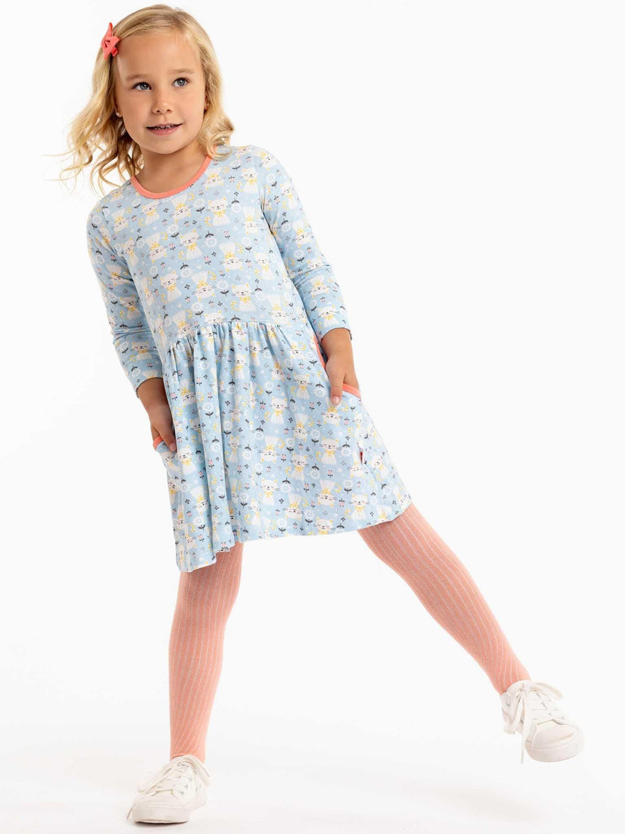 Elsa Long Sleeve Blue Kitten Dress