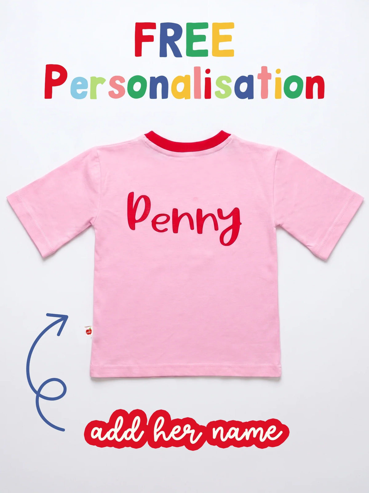 Pink Oobi tee with the name Penny printed in red script, FREE personalisation