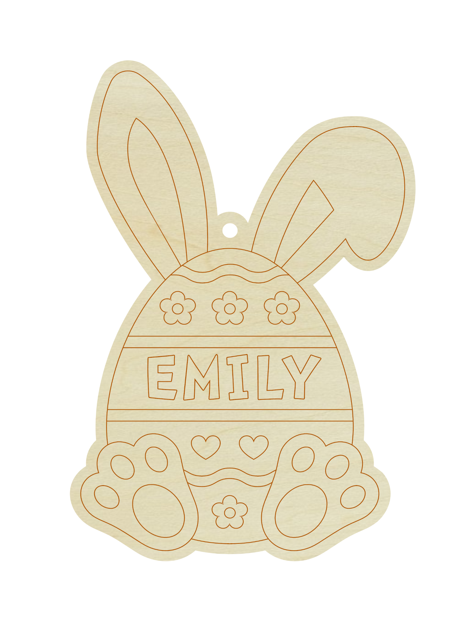 Oobi Easter Painting Kit: Custom engraved wooden bunny with large ears, flowers, hearts, and the name "EMILY" on an egg-shaped body—ideal for personalized painting or unique Easter basket gifts.