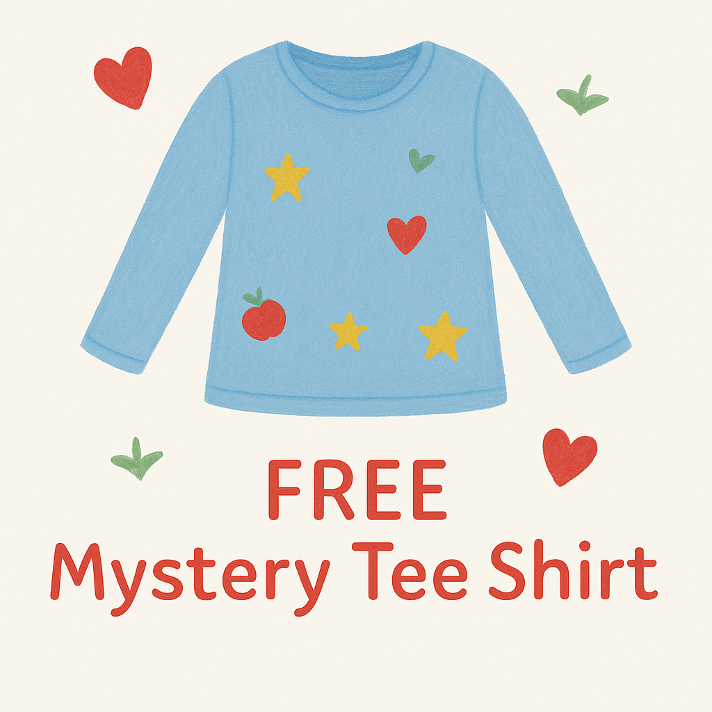 Illustration of Oobi's FREE Mystery Long Sleeve Tee in blue cotton with stars, hearts, and fruit, surrounded by red hearts and green leaves. Text reads: "FREE Mystery Tee Shirt." A great gift for any collection!.