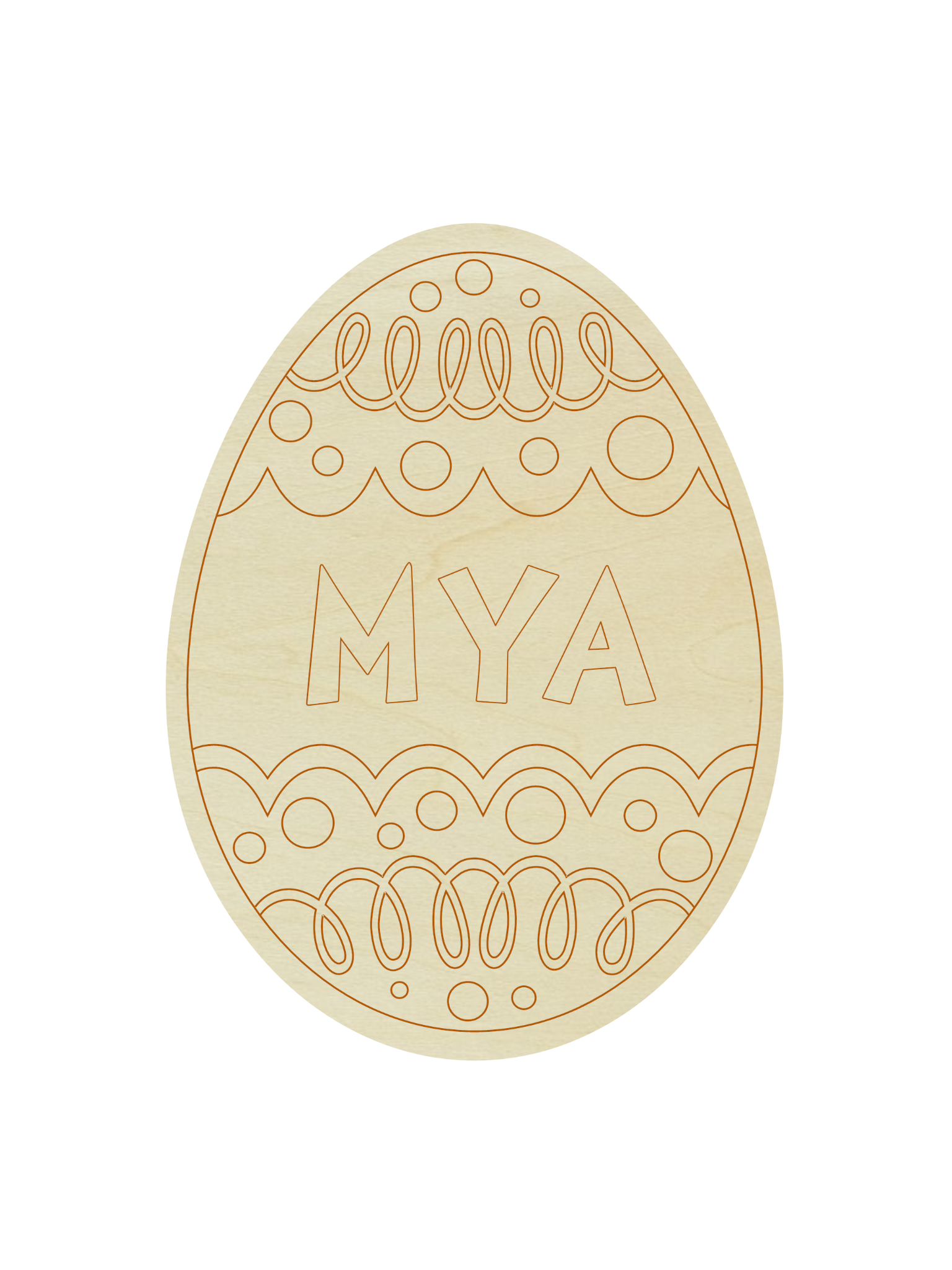 Oobi's Easter Painting Kit features a wooden egg-shaped plaque with decorative engraved patterns and the name "MYA" in the center—an ideal personalized touch or unique alternative for Easter basket gifts.