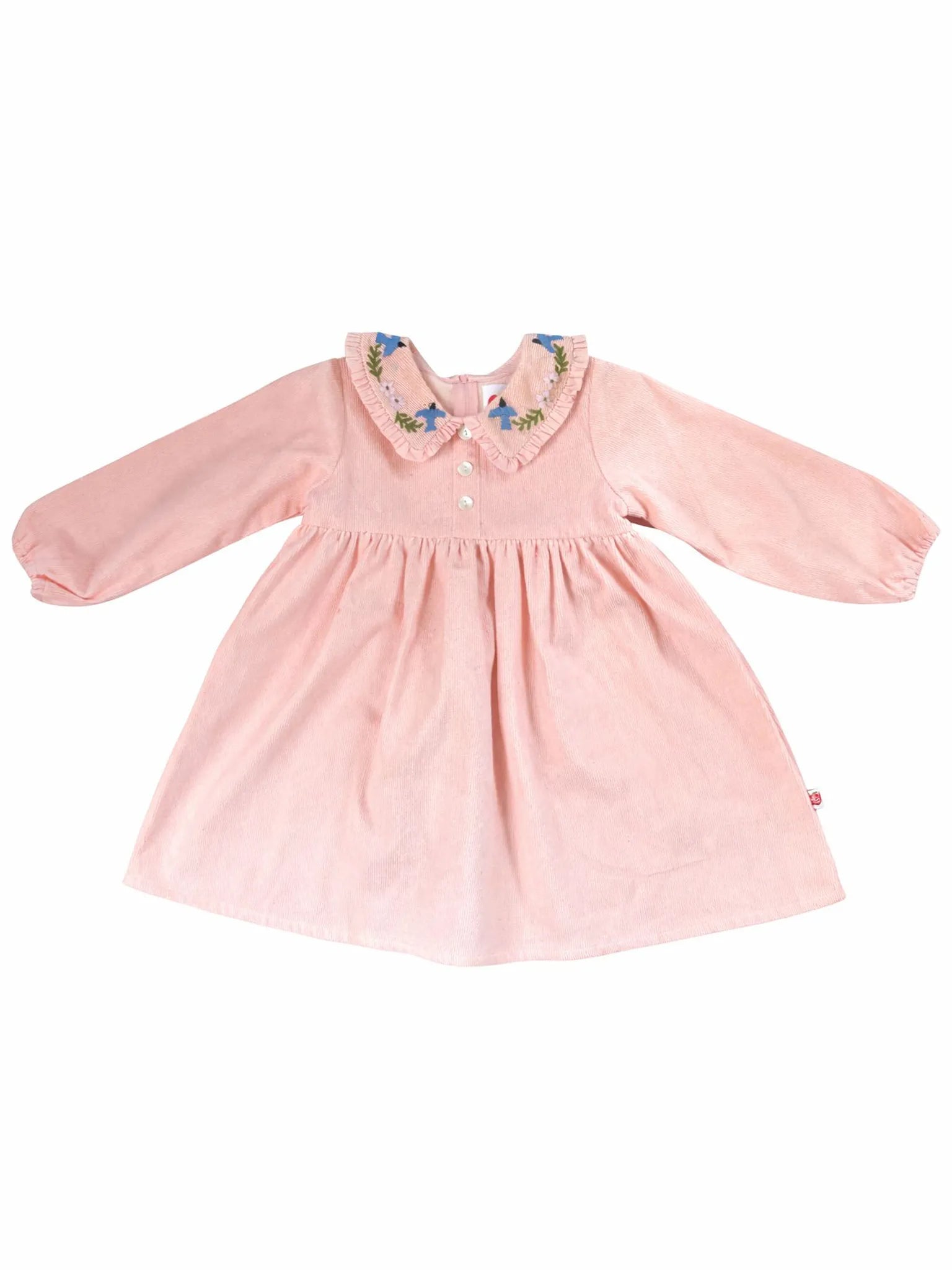 Pink Cord Coat Dress with Birds Embroidery