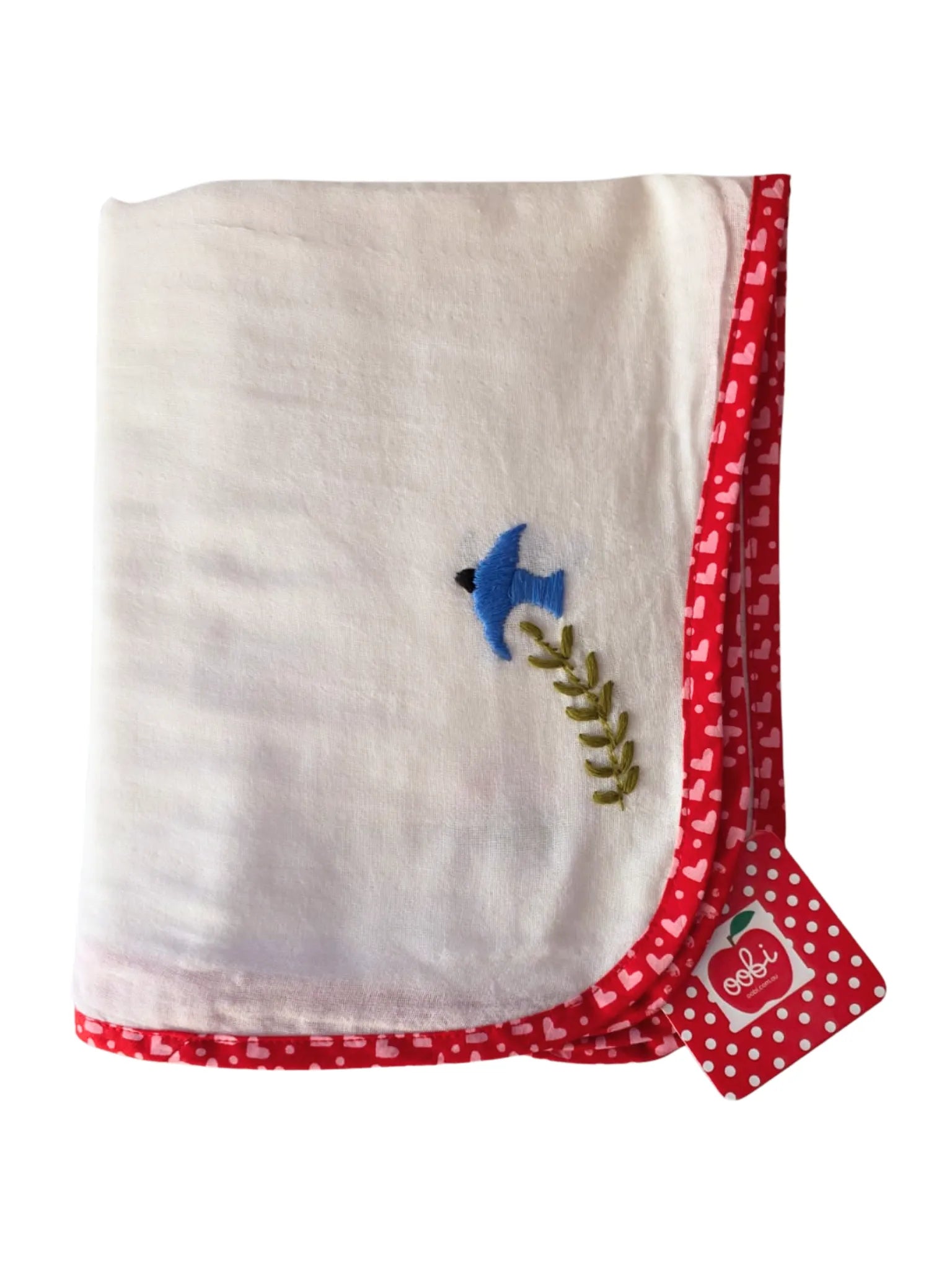 Small Red Heart with Bird Embroidery Muslin Wrap